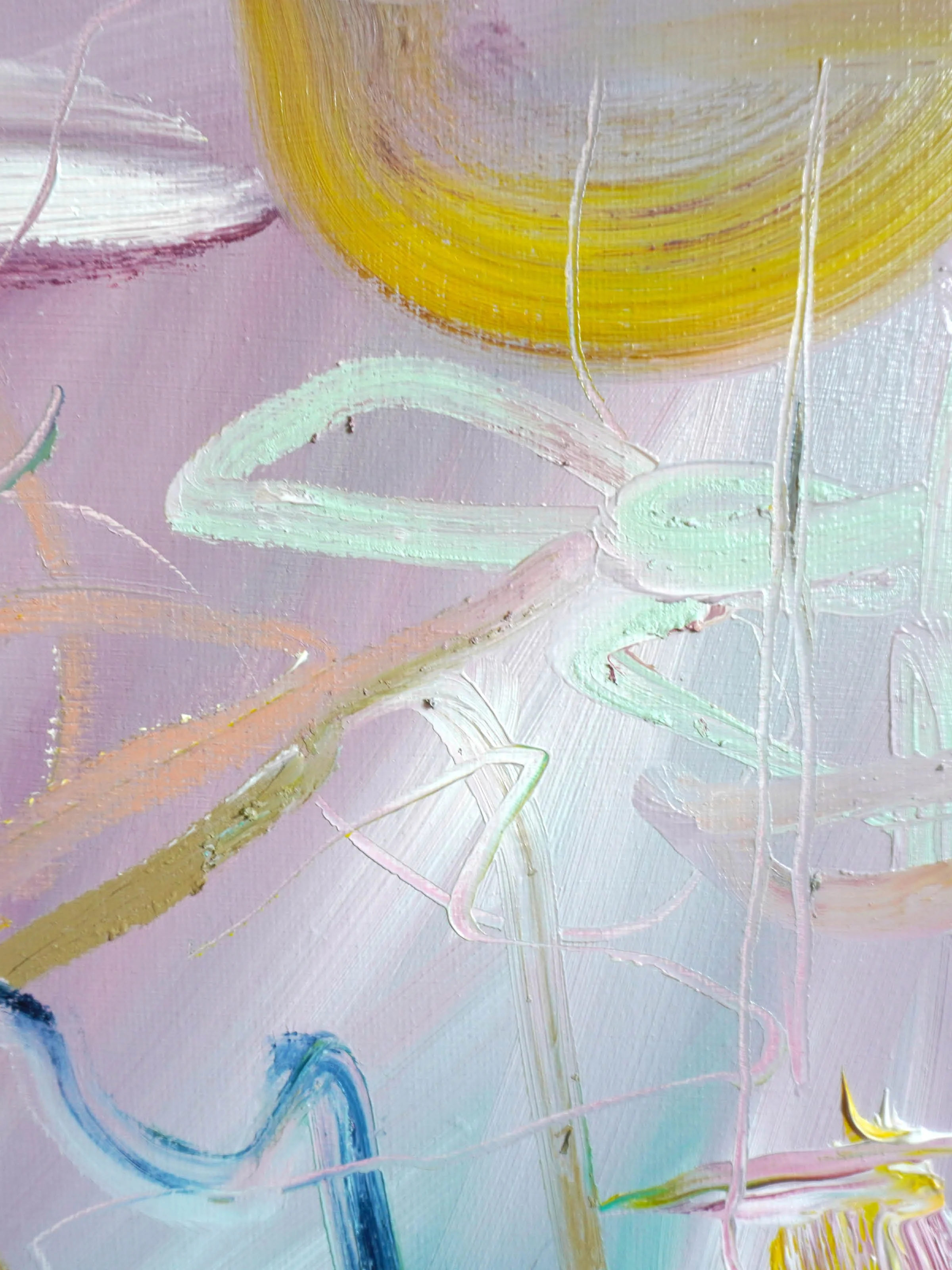 Close up of Everything & Nothing by Gedi Campbell, 60x60cm, abstract painting in oil paint and oil stick on canvas from the Unbound series. Features scraped palette knife marks and fluid gestures.
