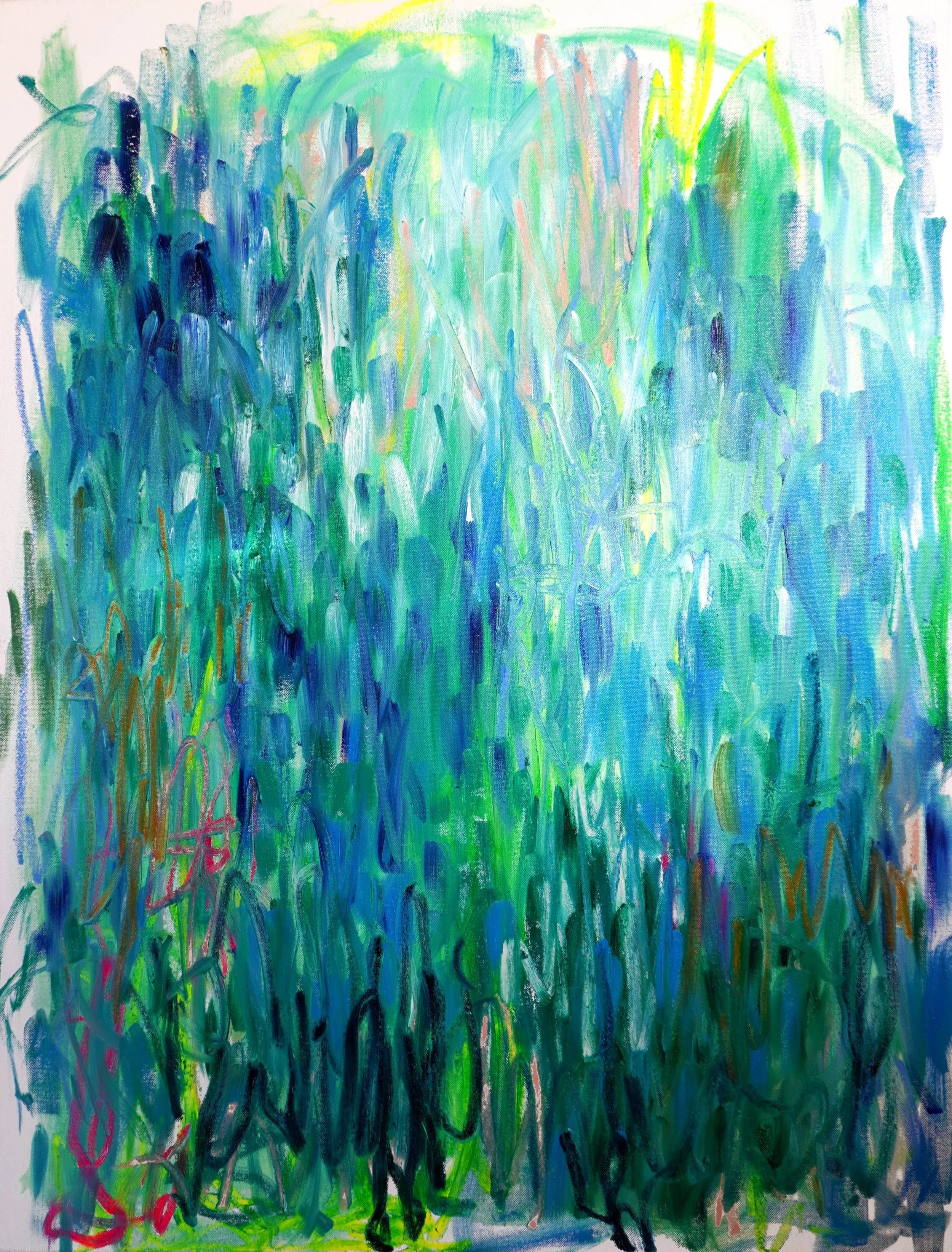 Large-scale oil paint and oil stick abstract painting. Features bold, sweeping directional gestures dominated by bright green, blue and dark green colours in oil paint with pops of fluorescent green and magenta coloured oil sticks.