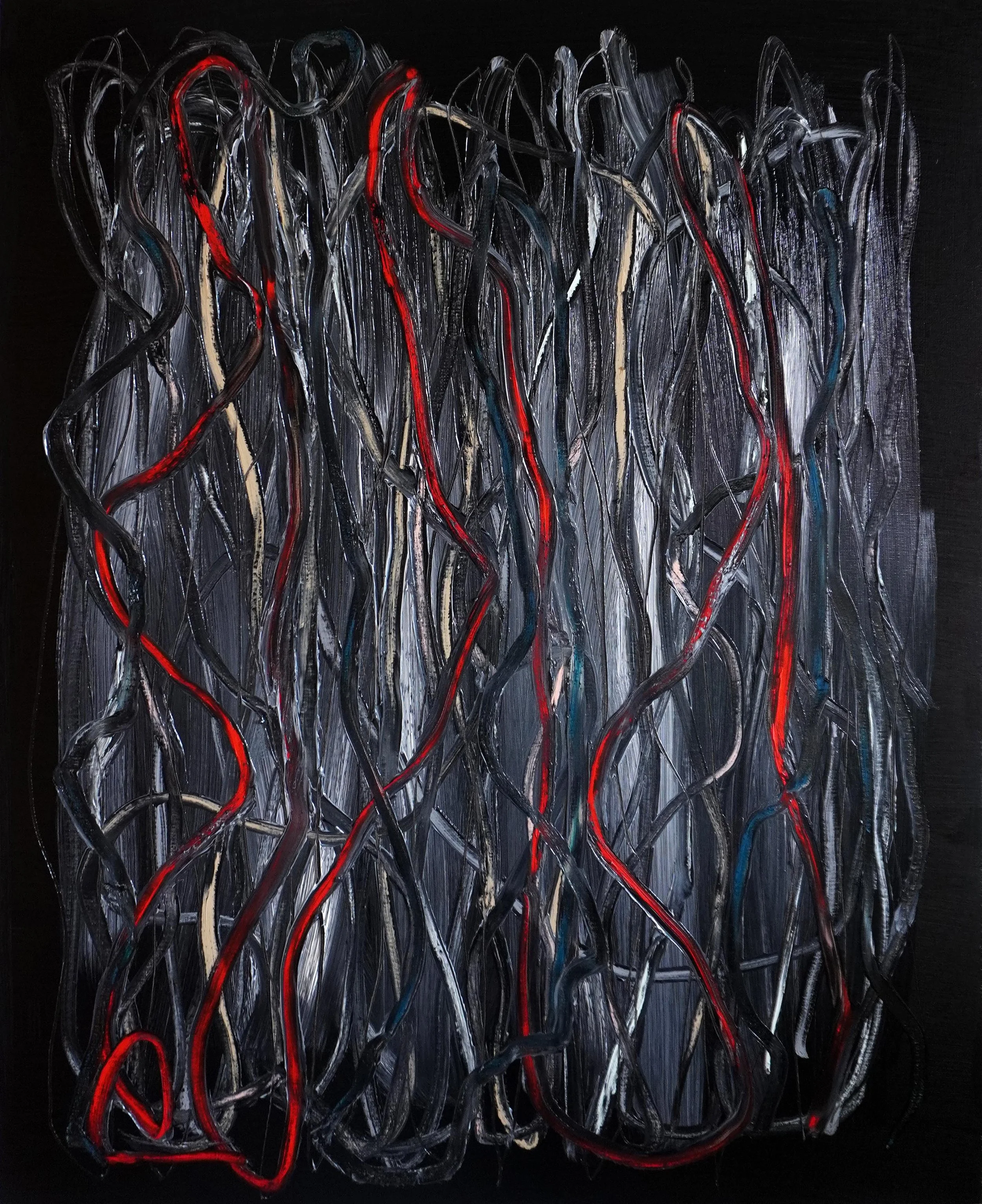 Abstract painting with a black background painted in oil paints and oil sticks in red, white and grey.