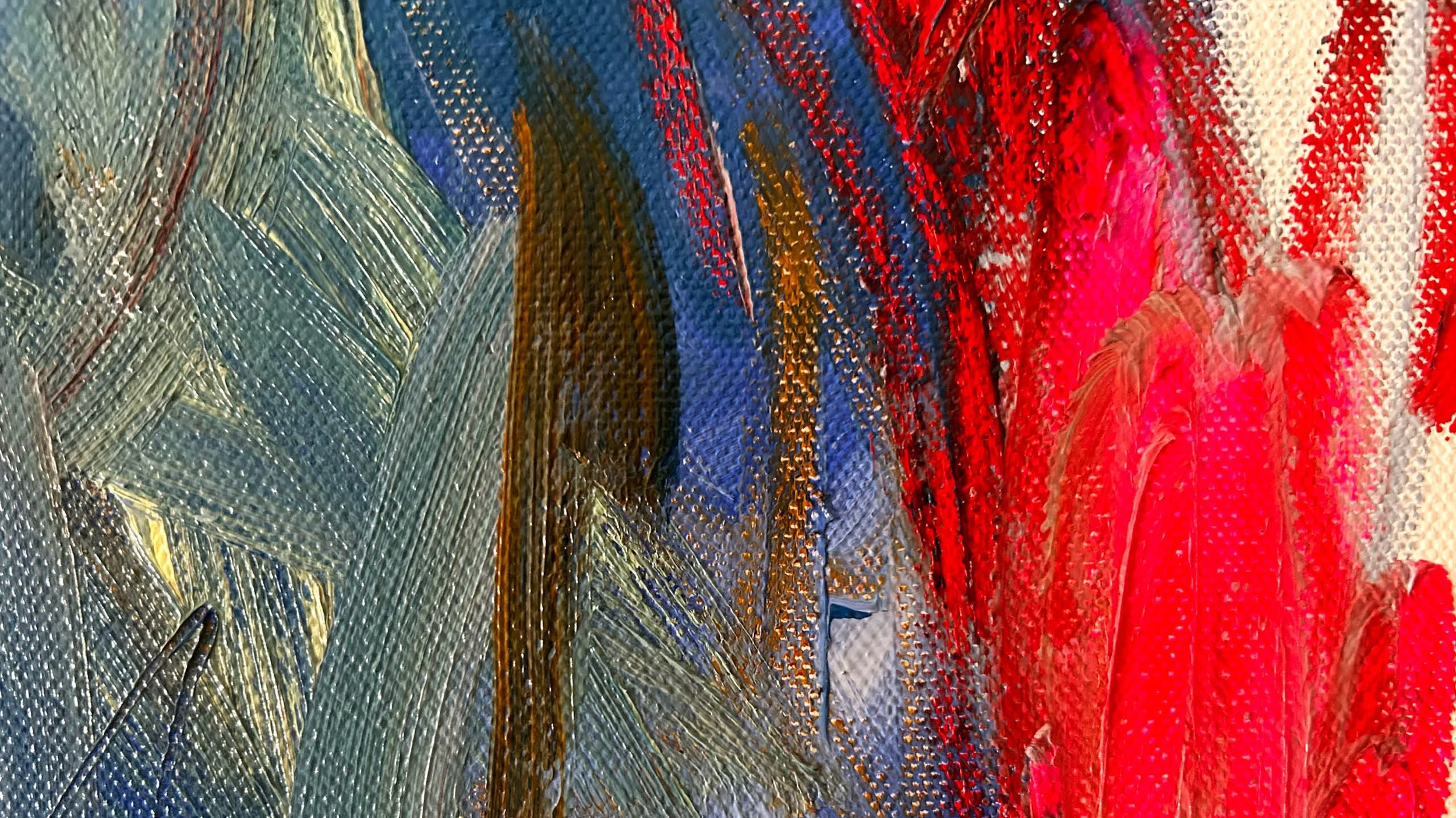 Close up of painting featuring bold, sweeping directional gestures dominated by blue, ochre and yellow colours in oil paint with pops of red and magenta coloured oil sticks and graphite lines.