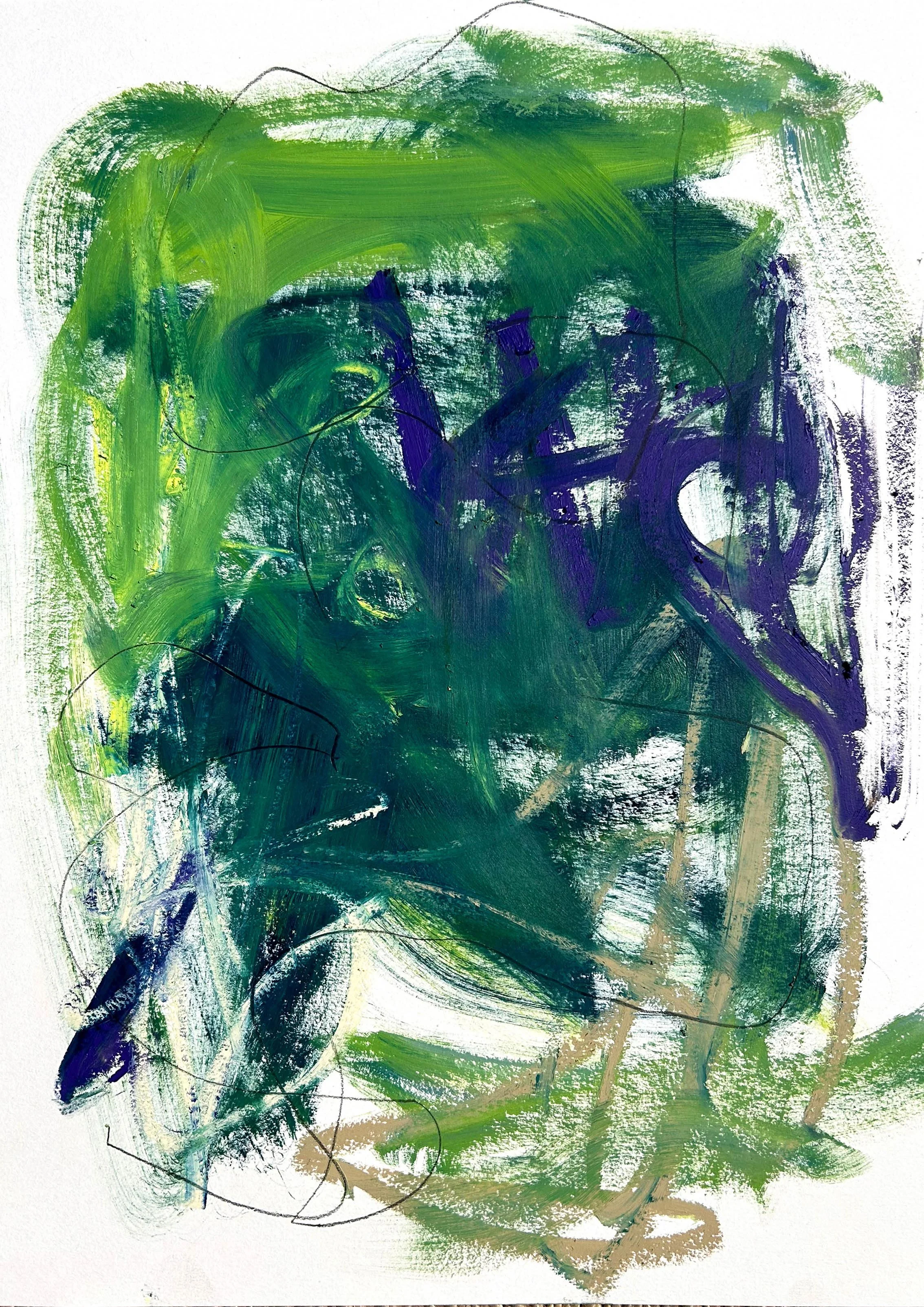 Bold abstract painting on paper in oil paints and oil sticks showing, sweeping directional gestures dominated by bright green and dark blue coloured oil paint with pops of purple and ochre coloured oil sticks and graphite lines.