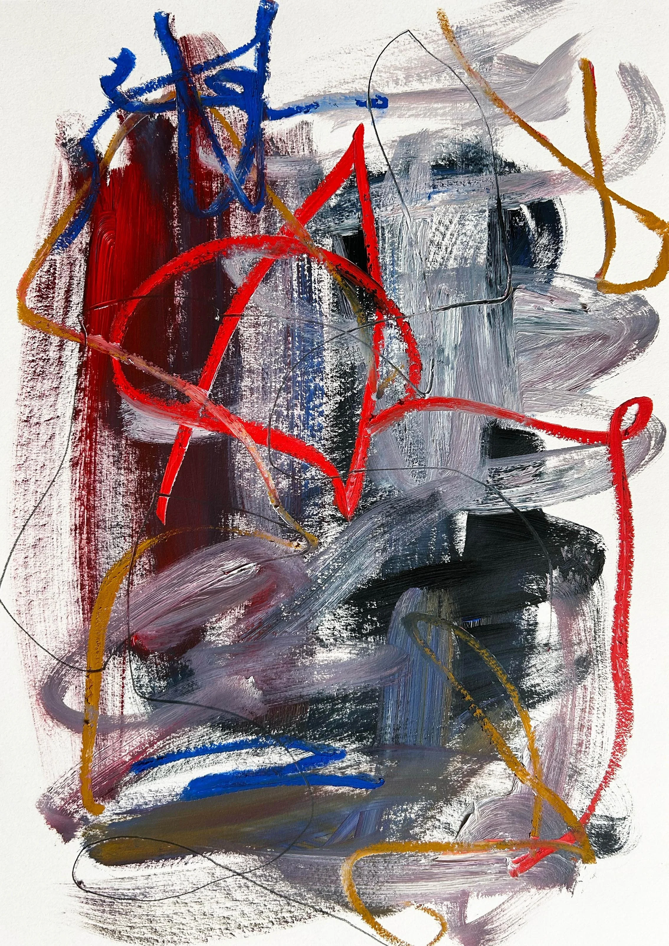 Bold abstract painting on paper in oil paints and oil sticks showing, sweeping directional gestures dominated by red and blue colours in oil paint with pops of red and ochre coloured oil sticks and graphite lines with white negative space.