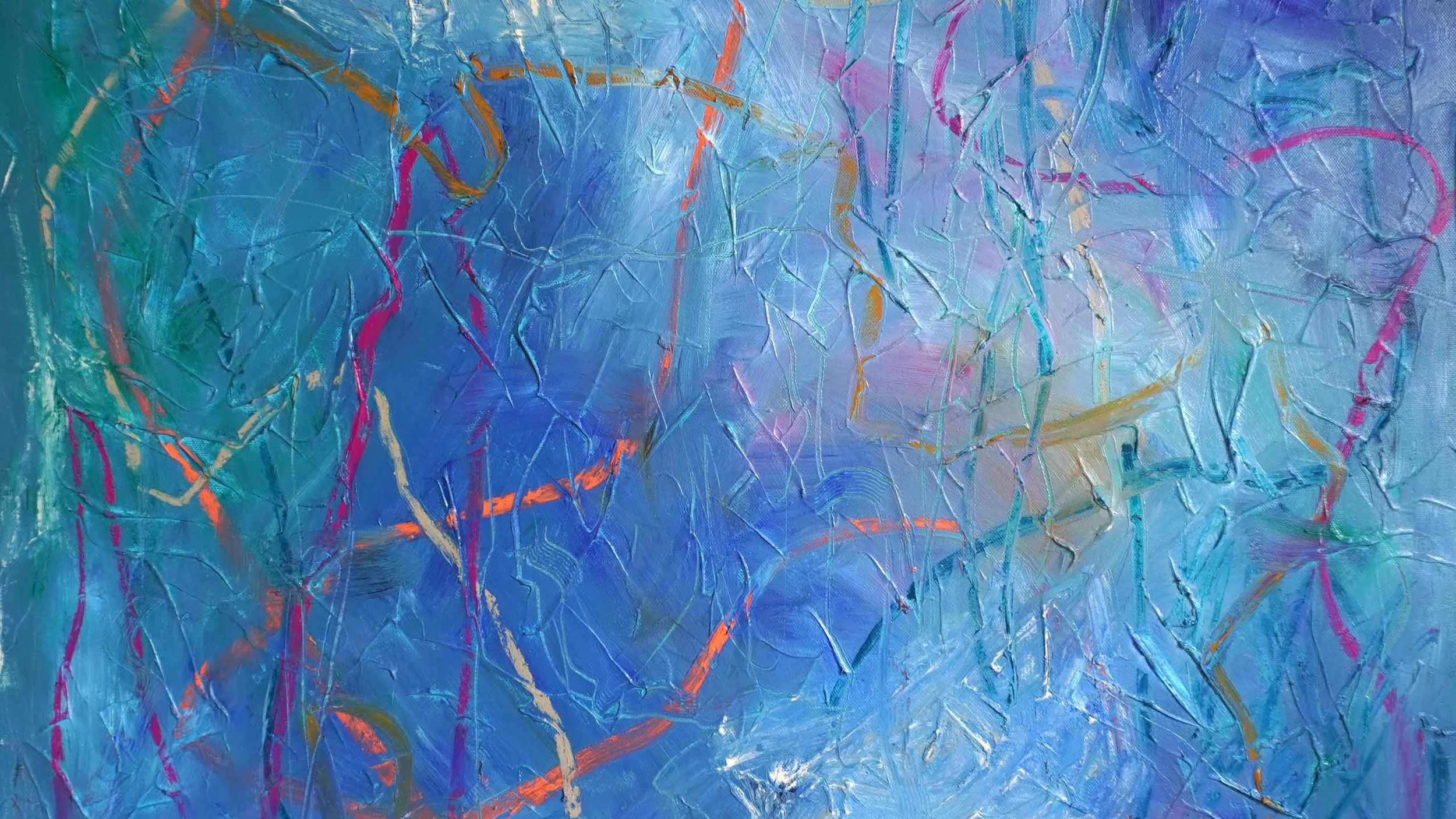 An abstract painting with a blue background, featuring various textured and colorful lines in shades of pink, orange, yellow, and purple.
