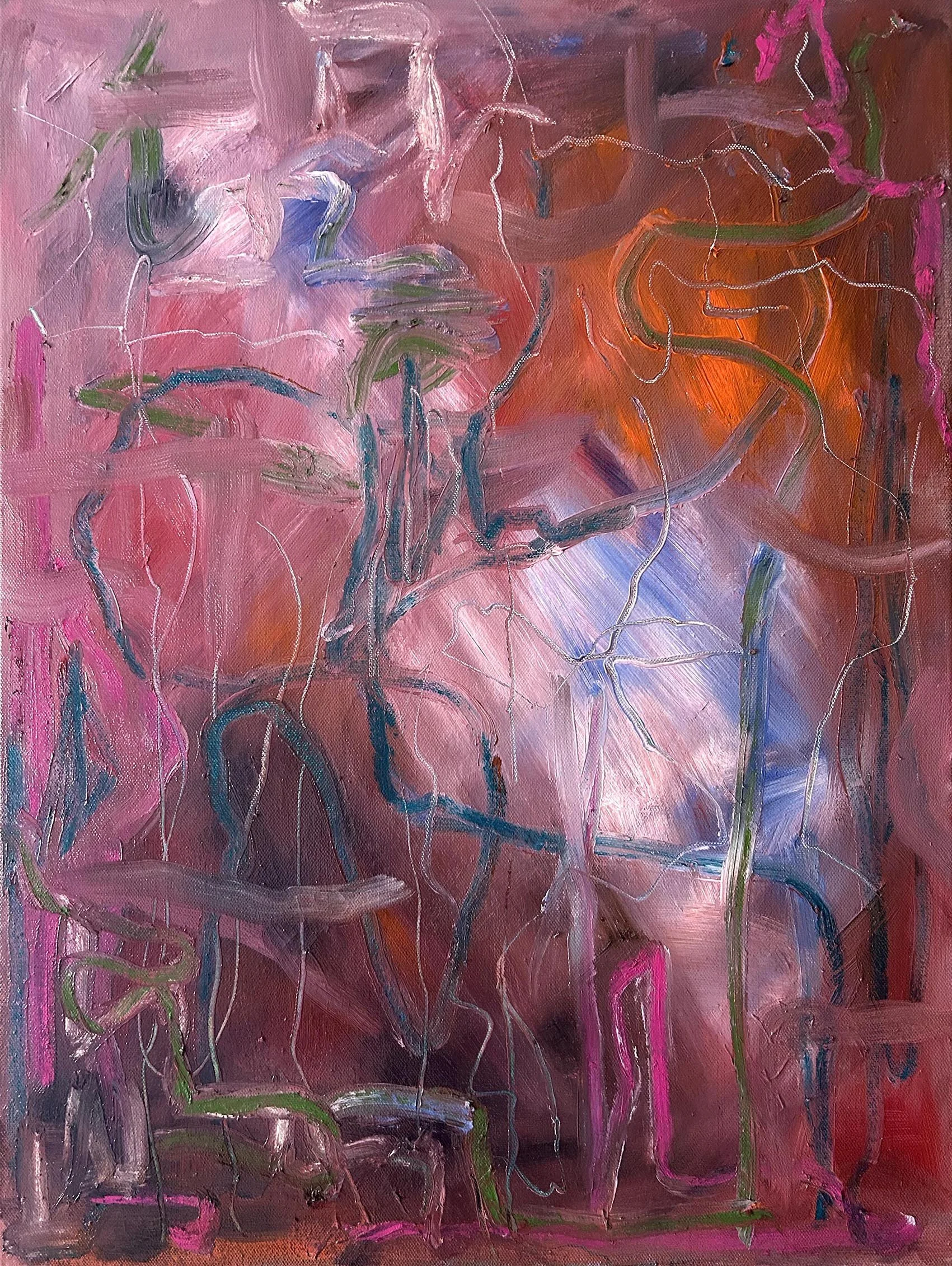 Alchemy by Gedi Campbell, 60x45cm, abstract painting in oil paint and oil stick on canvas from the Unbound series. Features scraped palette knife marks and fluid gestures.
