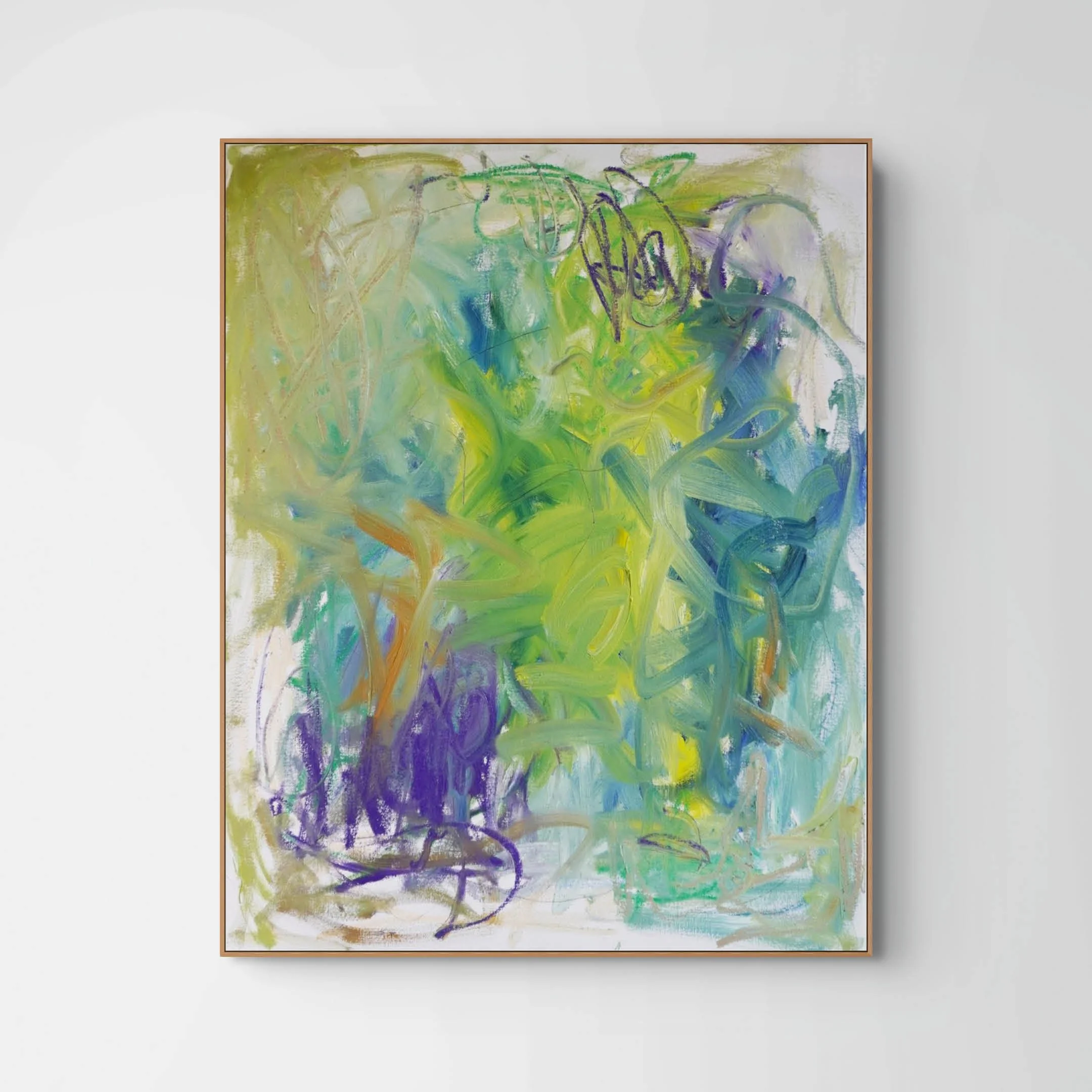 Features bold, sweeping directional gestures dominated by greens in oil paint with pops of purple in coloured oil sticks and graphite lines.