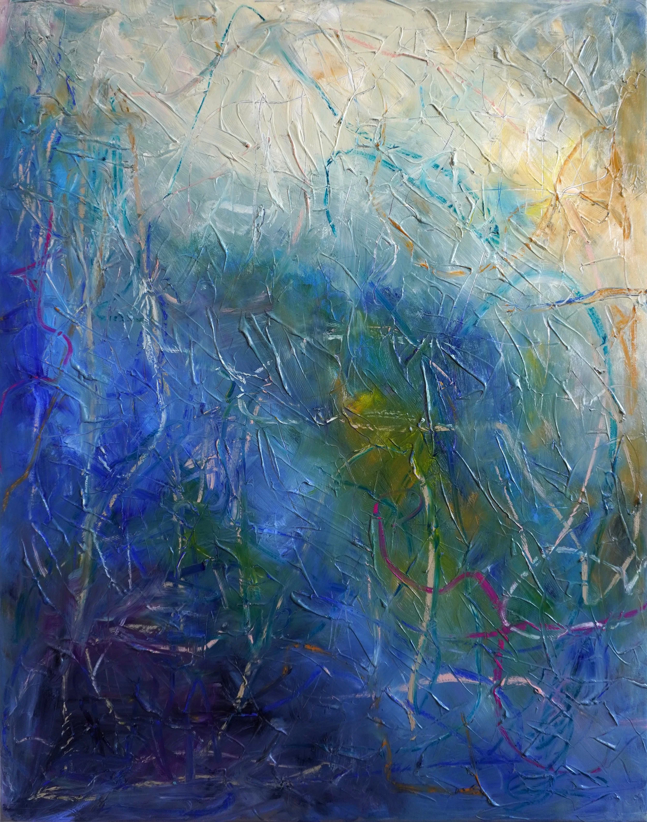 Aether by Gedi Campbell, 90x70cm, abstract painting in oil paint over acrylic medium base on canvas from the Liminal Echoes series. Features layered texture, blended tones and subtle oil stick lines.