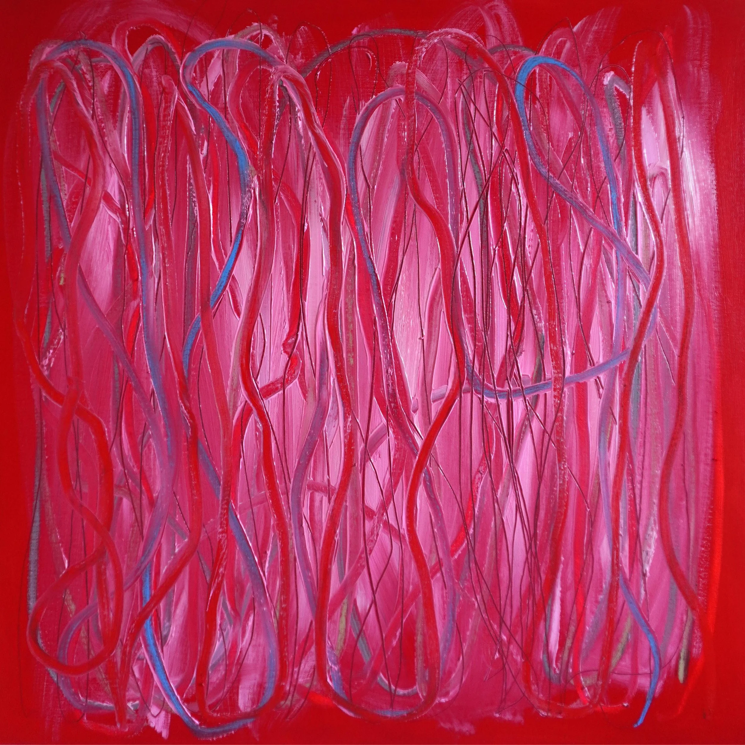 Abstract painting with a red background painted in oil paints and oil sticks in red, blue and grey.