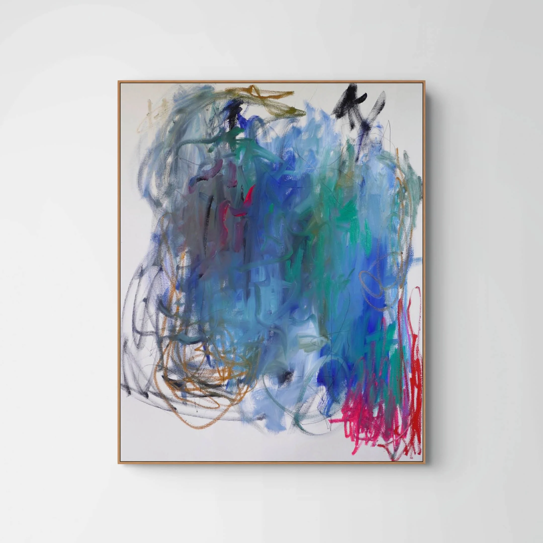 Large scale abstract painting features bold, sweeping directional gestures dominated by green and blue colours in oil paint with pops of red and magenta coloured oil sticks and graphite lines.