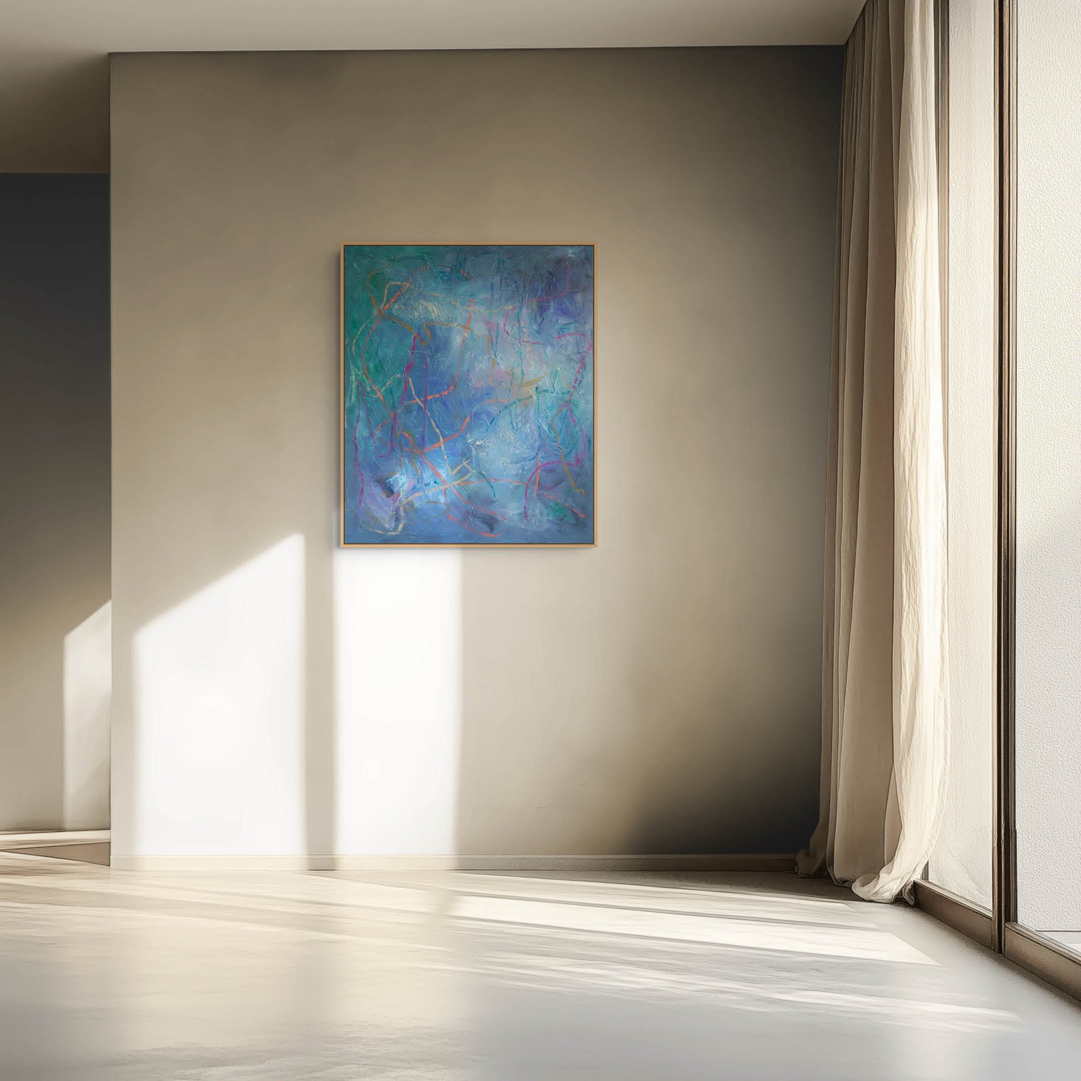 A room with beige walls and light wood flooring. A colorful abstract painting hangs on the wall. There's a floor-to-ceiling window with beige curtains on the right side.