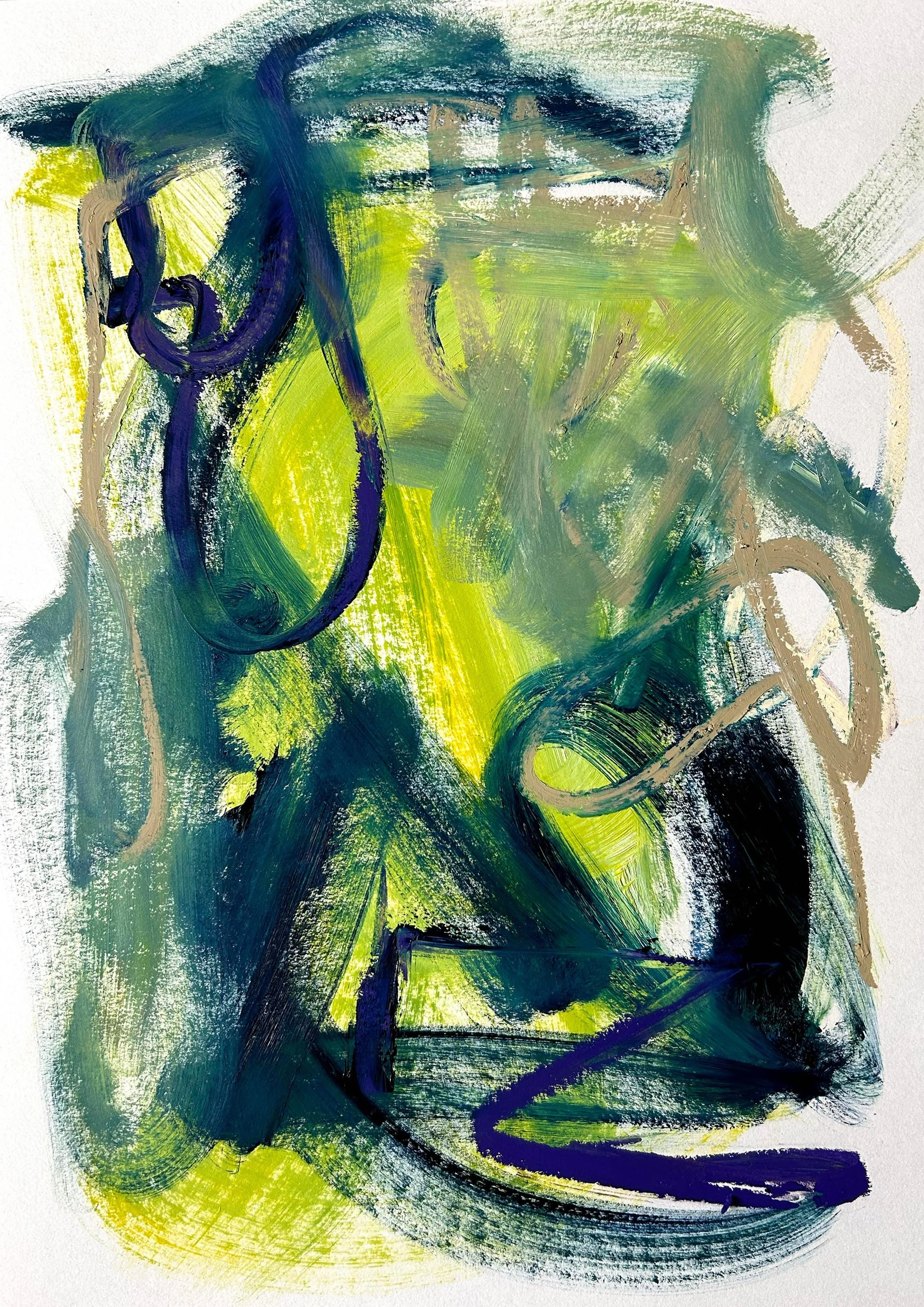 Bold abstract painting on paper in oil paints and oil sticks showing, sweeping directional gestures dominated by bright green and dark blue coloured oil paint with pops of purple and ochre coloured oil sticks and graphite lines.