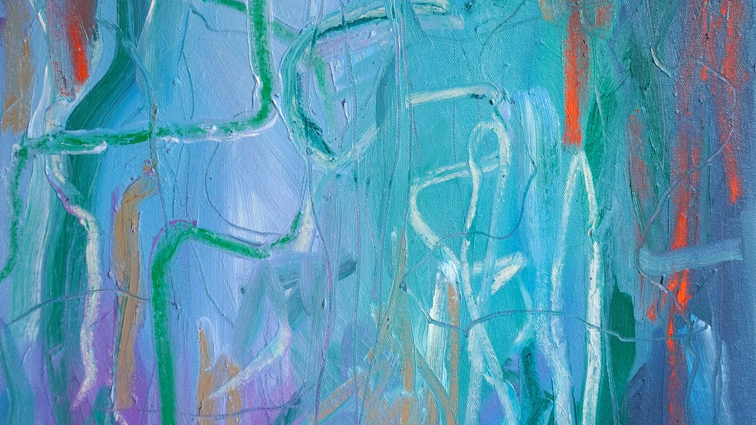 Abstract painting with blue, green, purple, and orange brushstrokes and textured layers.