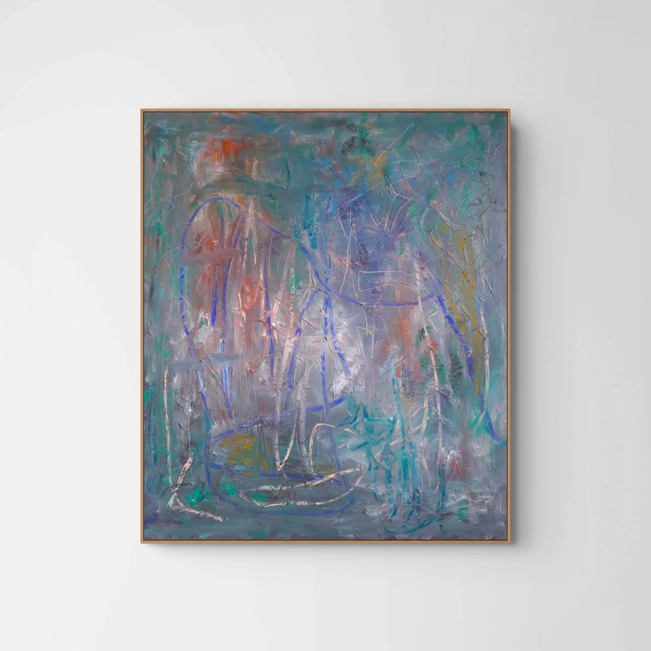 Abstract expressionist painting with vibrant colors and energetic brushstrokes, framed and hung on a white wall.