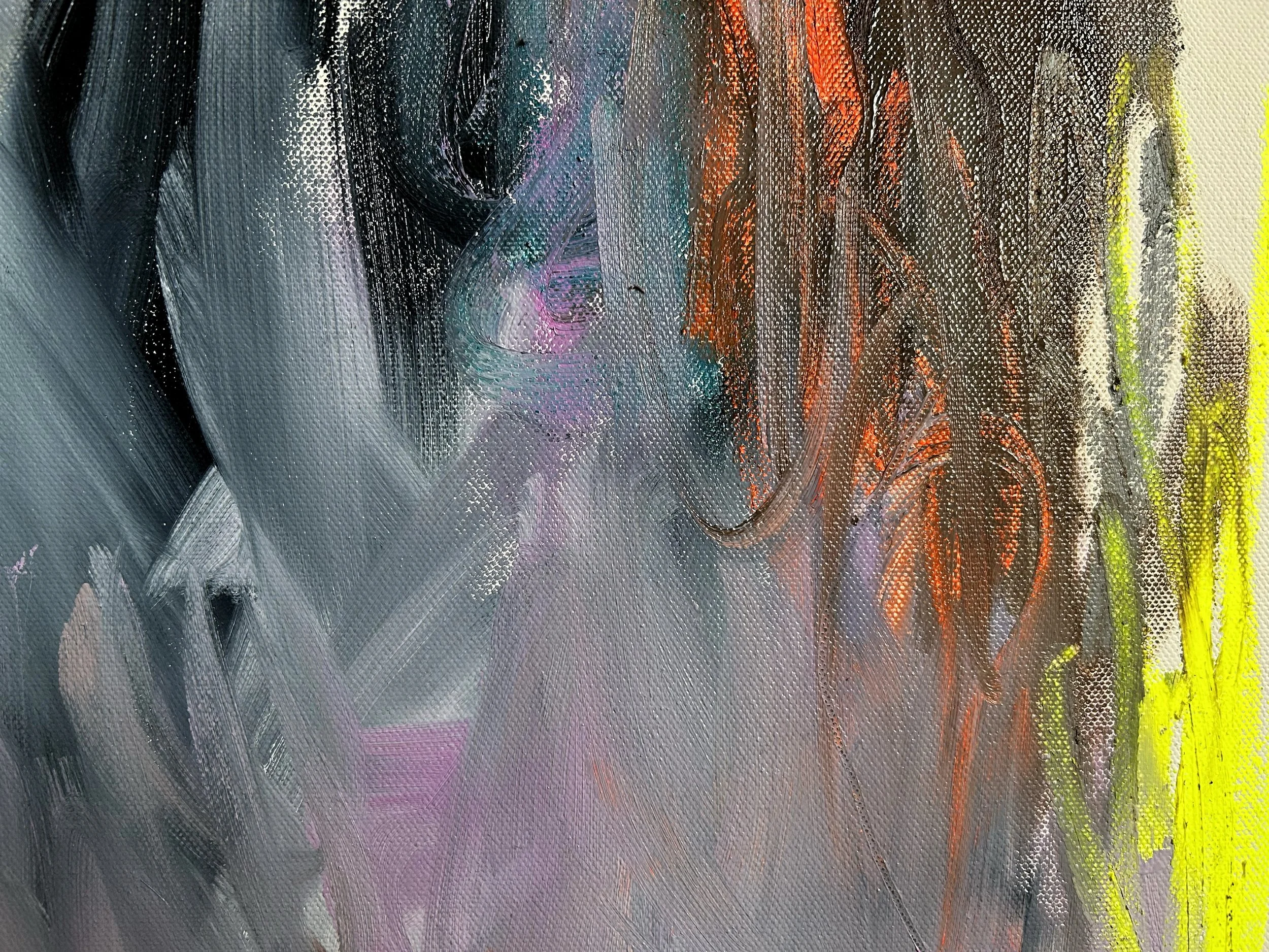 Close up of large-scale oil paint and oil stick abstract painting. Features bold, sweeping directional gestures dominated by lilac, dark green and brown colours in oil paint with pops of fluorescent orange oil sticks and graphite lines.