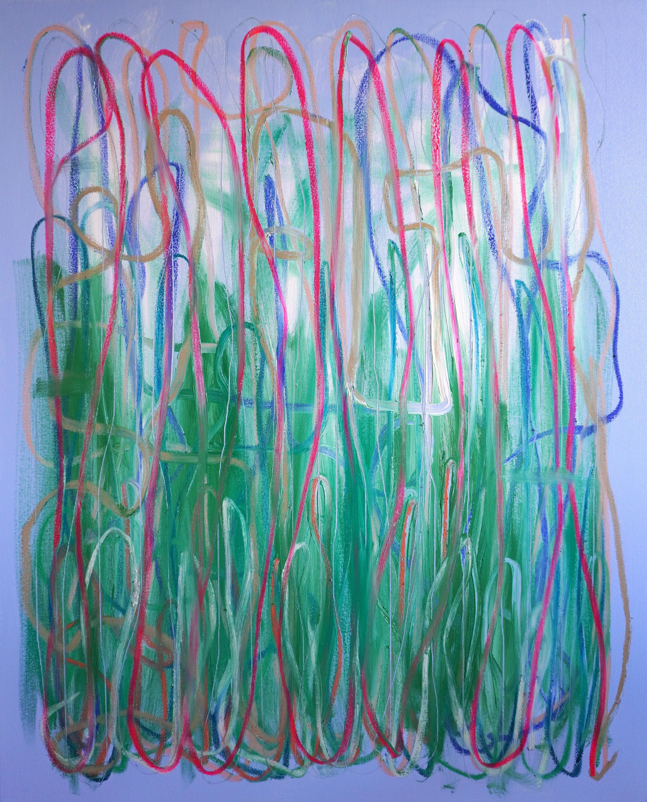 Large-scale oil paint and oil stick abstract painting. Features bold, sweeping directional gestures dominated by pale blue colours in oil paint with multi coloured oil sticks flowing lines on top and graphite lines.