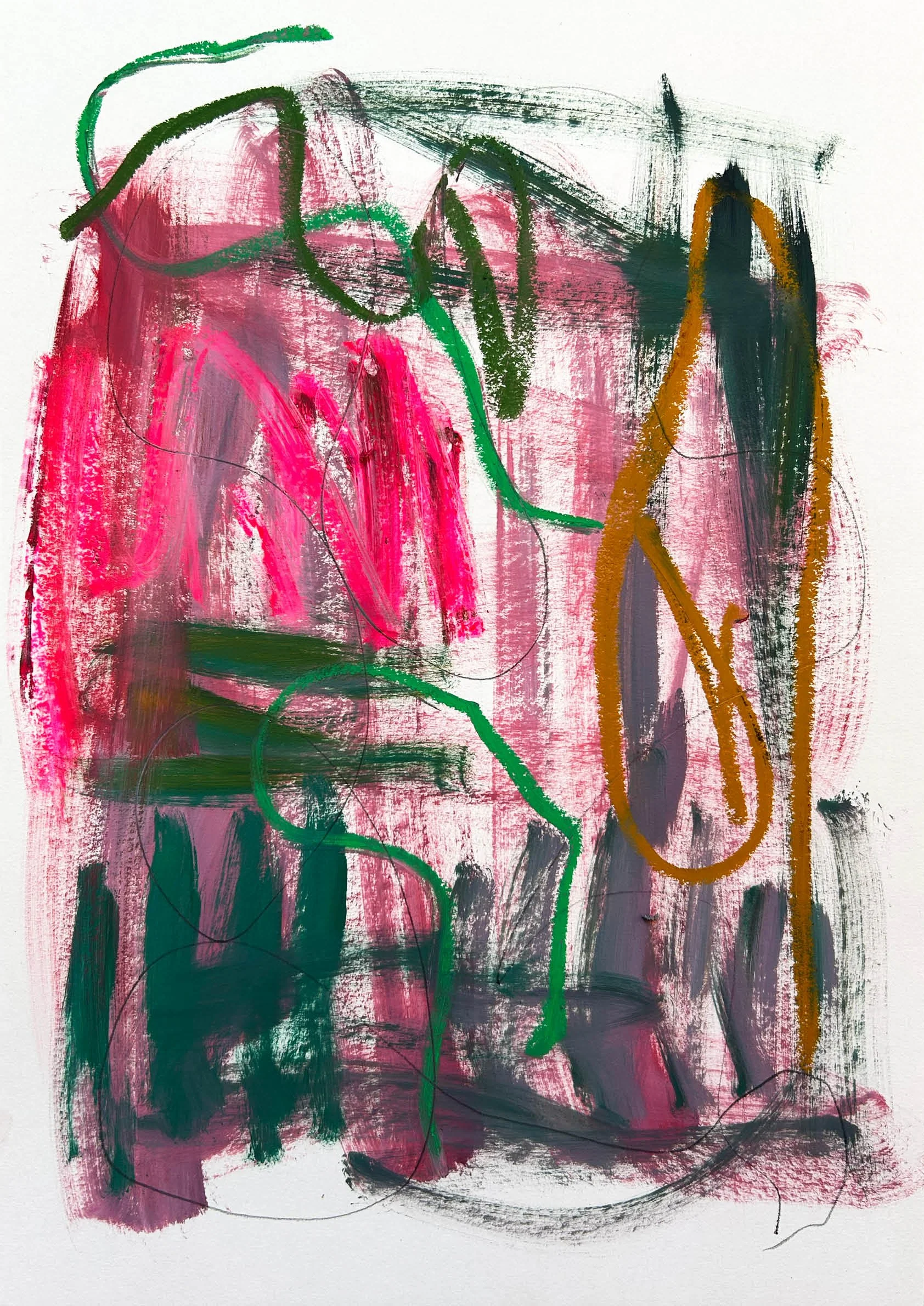 Bold abstract painting on paper in oil paints and oil sticks showing, sweeping directional gestures dominated by pink, black and greens with pops of bright pink and ochre coloured oil sticks.