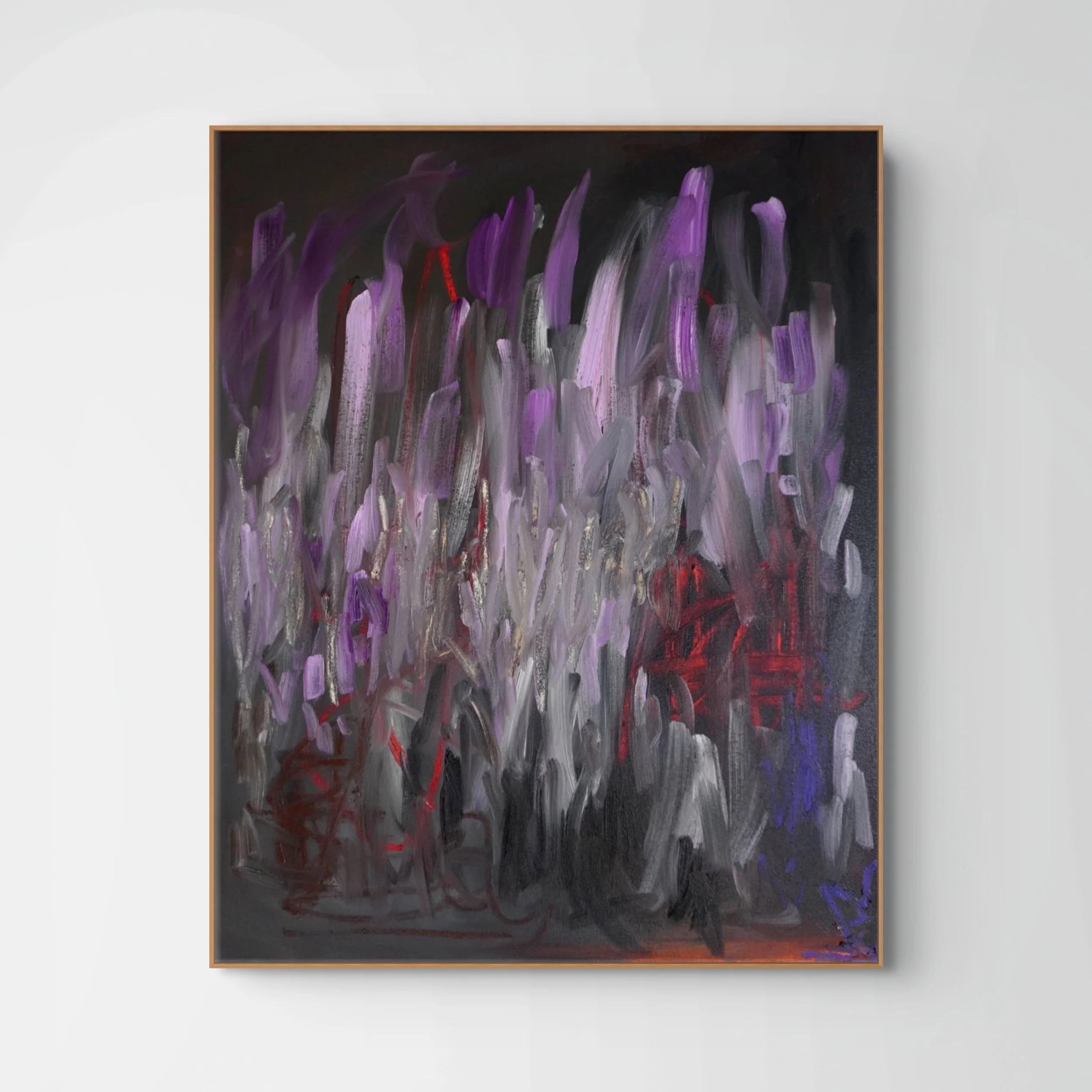 Oil paint and oil stick abstract painting. Features bold, sweeping directional gestures dominated by dark black and grey background with, whites and lilac colours in oil paint with pops of red and purple coloured oil sticks.