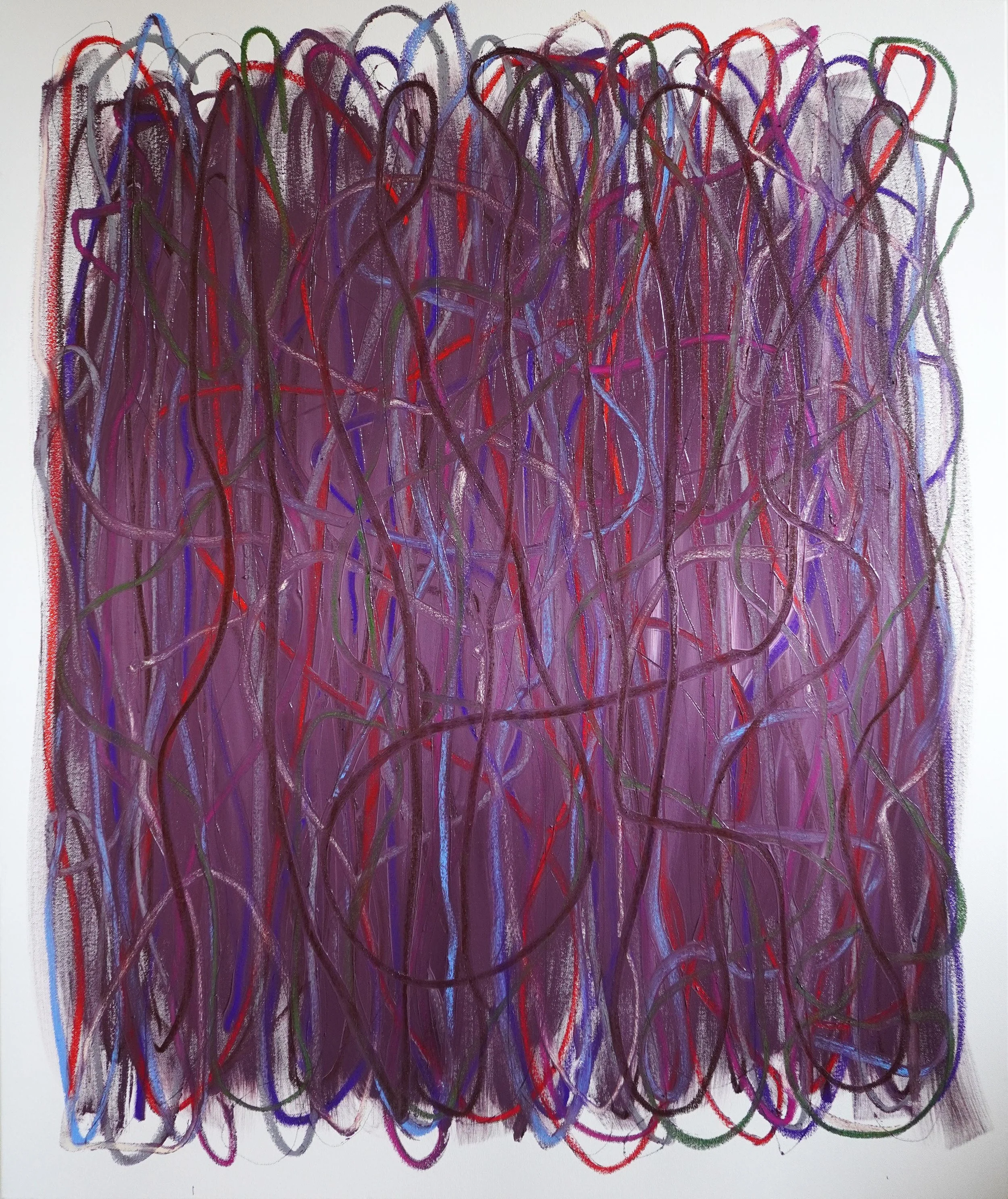 Echoes in the Fibre by Gedi Campbell, 120×100cm, large-scale oil paint and oil stick abstract painting on white gesso canvas features bold, sweeping directional gestures in burgundy colours.