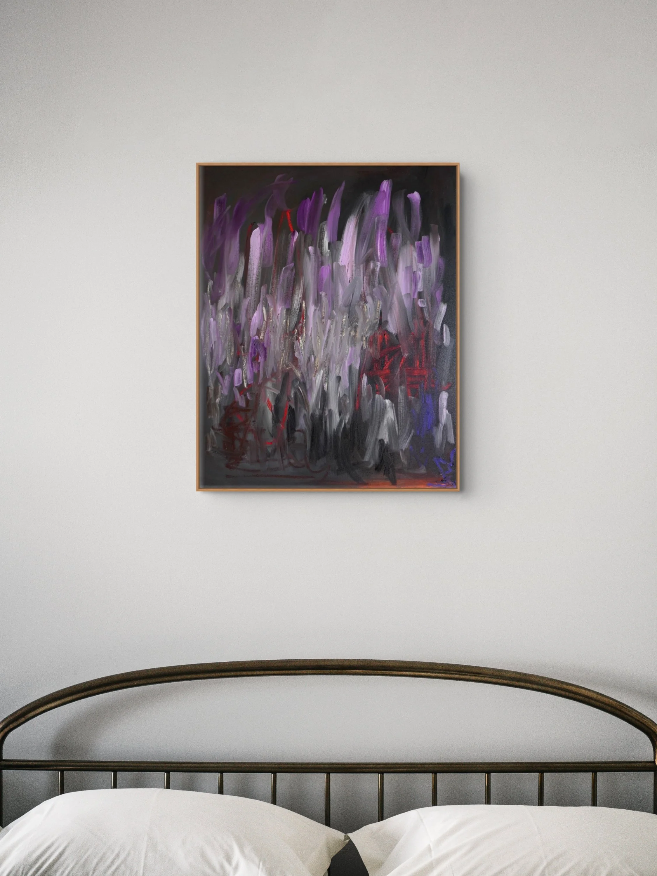 Room view of oil paint and oil stick abstract painting. Features bold, sweeping directional gestures dominated by dark black and grey background with, whites and lilac colours in oil paint with pops of red and purple coloured oil sticks.