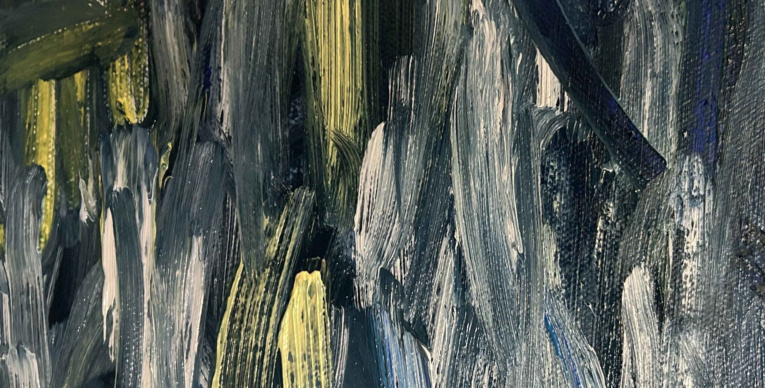 Close up of oil paint and oil stick abstract painting. Features bold, sweeping directional gestures dominated by dark blue, whites and blue colours in oil paint with pops of lemon yellow and orange coloured oil sticks.