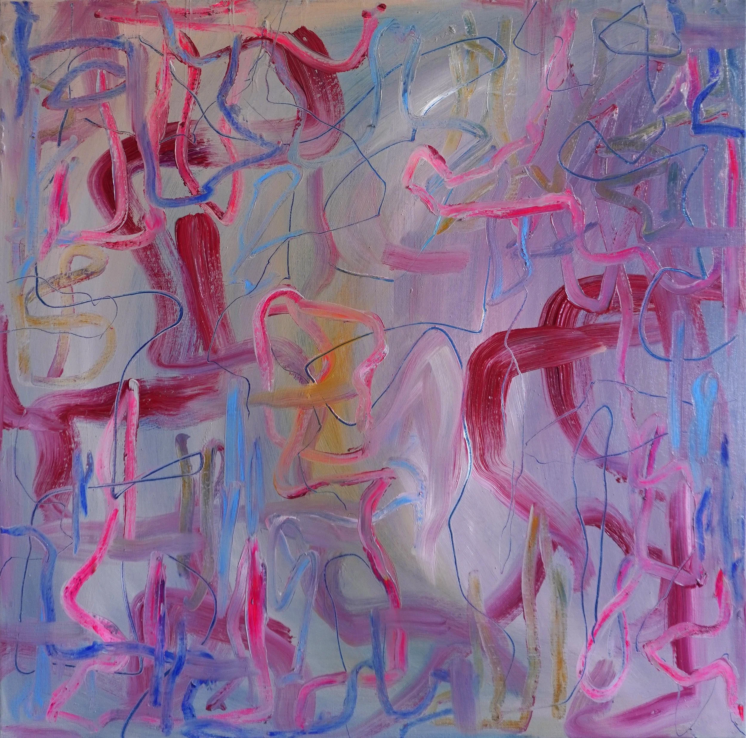 The Rested Heart by Gedi Campbell, 60x60cm, abstract painting in oil paint and oil stick on canvas from the Unbound series. Features scraped palette knife marks and fluid gestures.