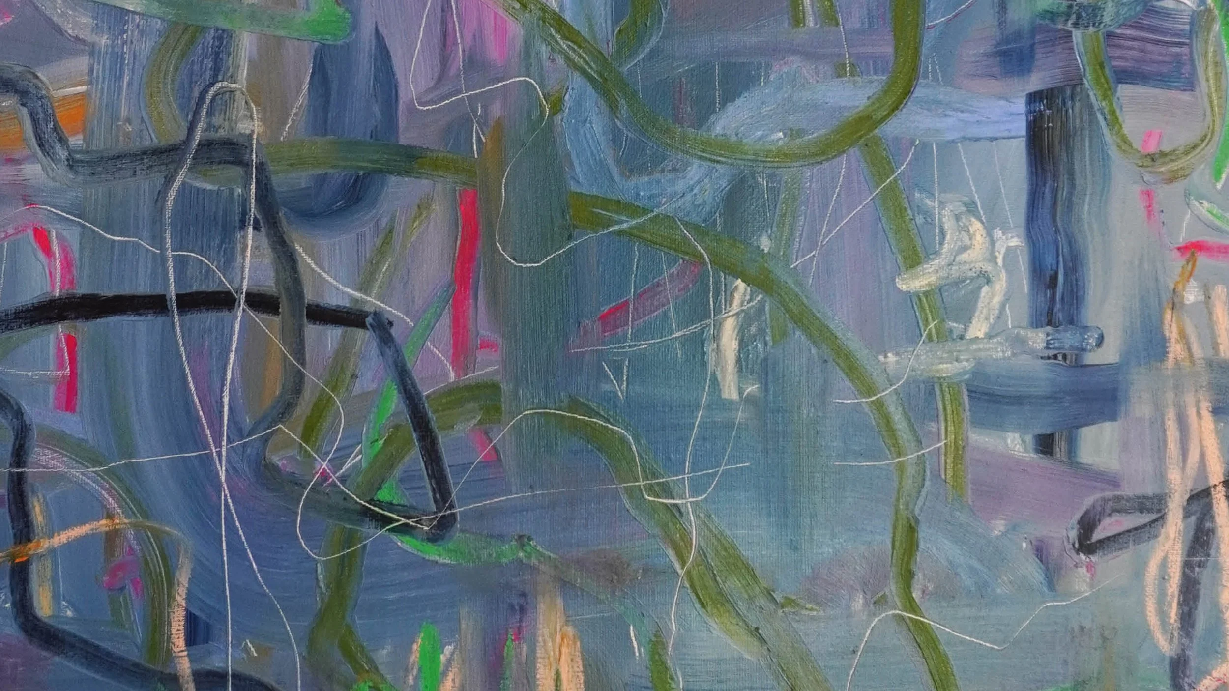 Abstract painting with swirling green, black, white, and pink lines on a predominantly blue and purple background.