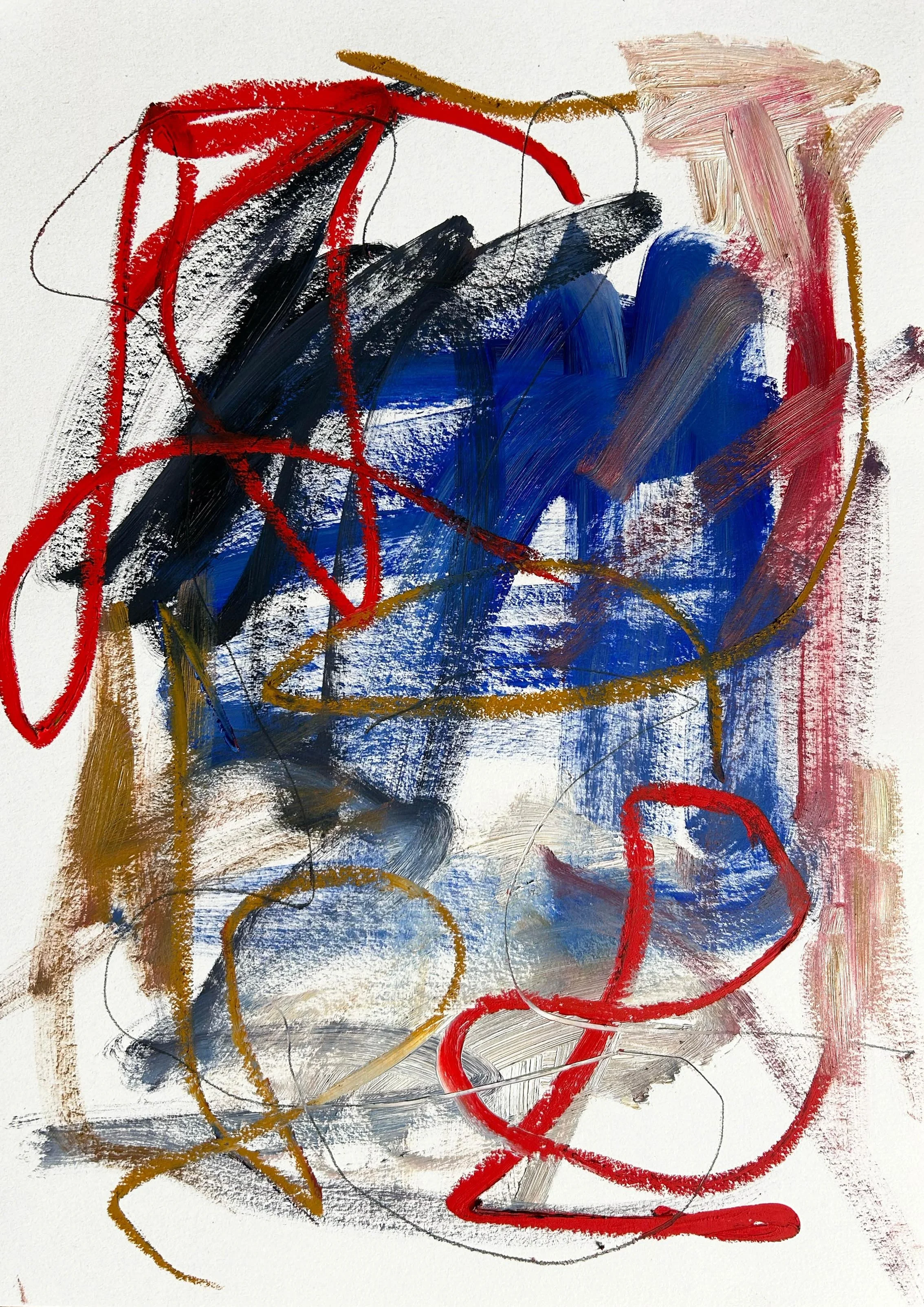 Bold abstract painting on paper in oil paints and oil sticks showing, sweeping directional gestures dominated by red and blue colours in oil paint with pops of red and ochre coloured oil sticks and graphite lines with white negative space.