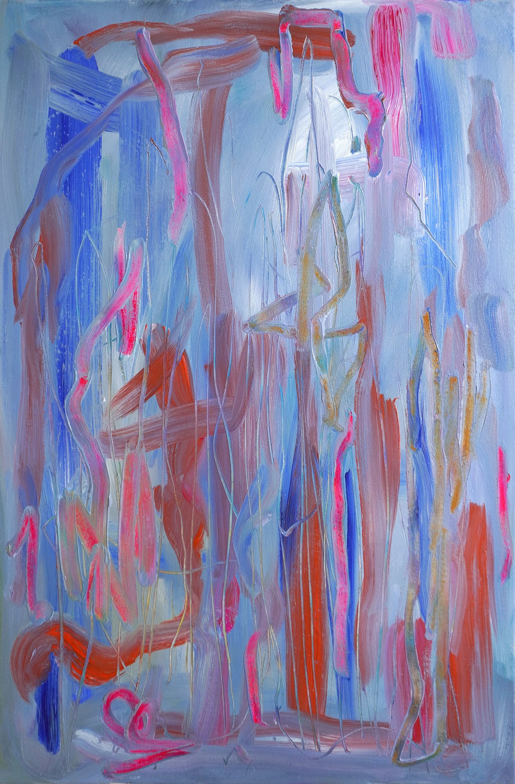 Silent Resonance I by Gedi Campbell, 74x50cm, abstract painting in oil paint and oil stick on canvas from the Unbound series. Features scraped palette knife marks and fluid gestures.
