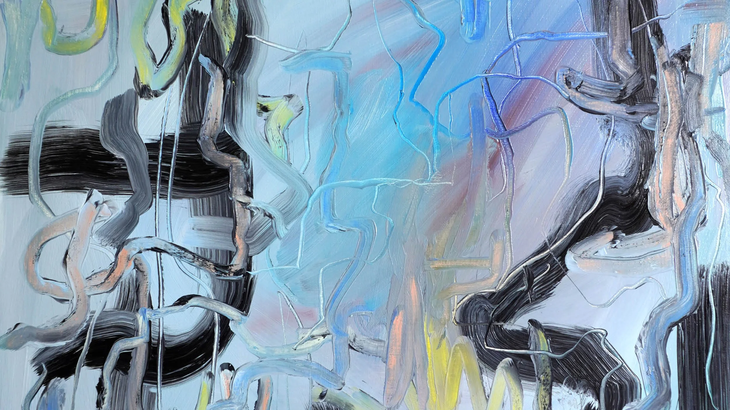 Abstract painting with swirling lines and patches of black, white, blue, and pastel colors.