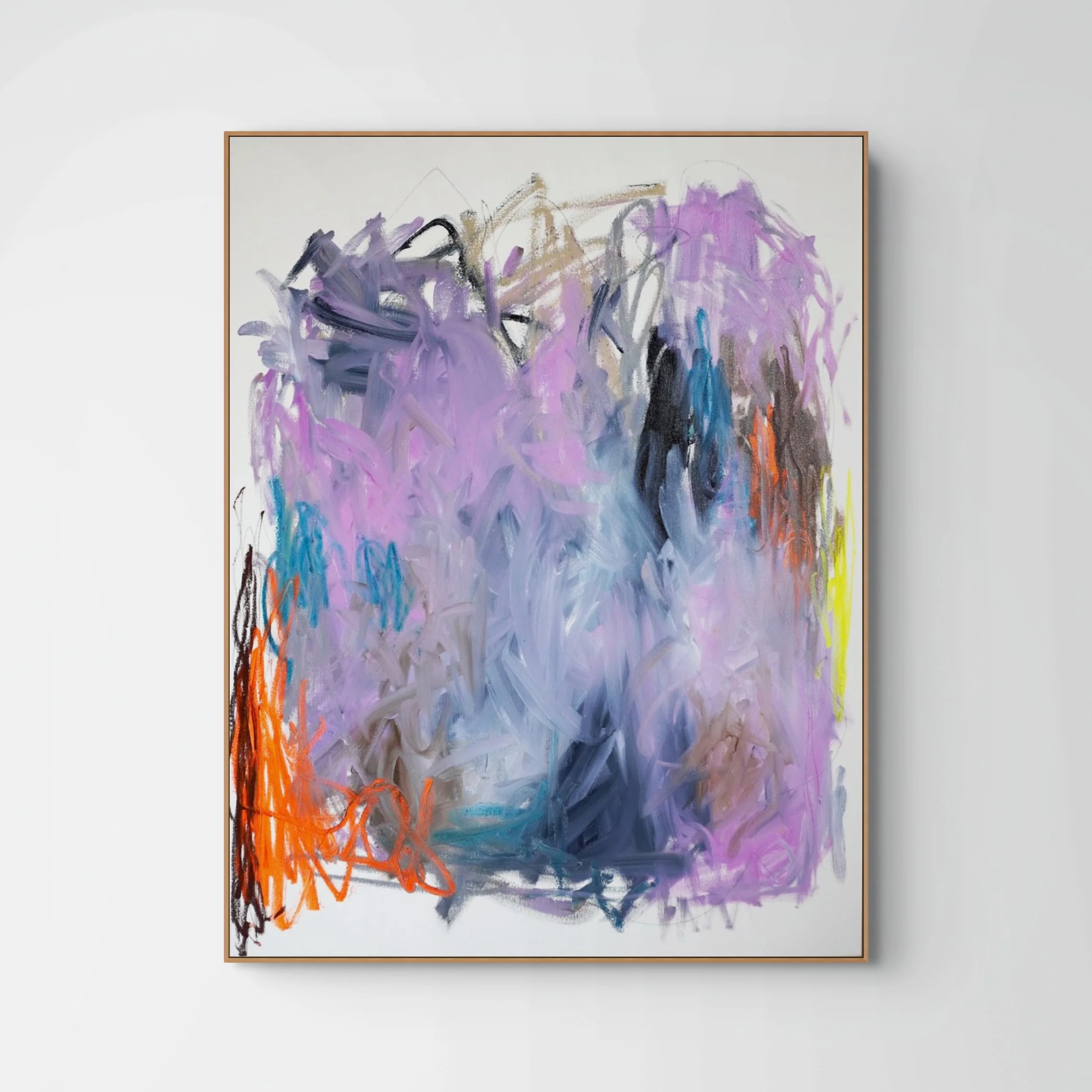 large-scale oil paint and oil stick abstract painting. Features bold, sweeping directional gestures dominated by lilac, dark green and brown colours in oil paint with pops of fluorescent orange oil sticks and graphite lines.
