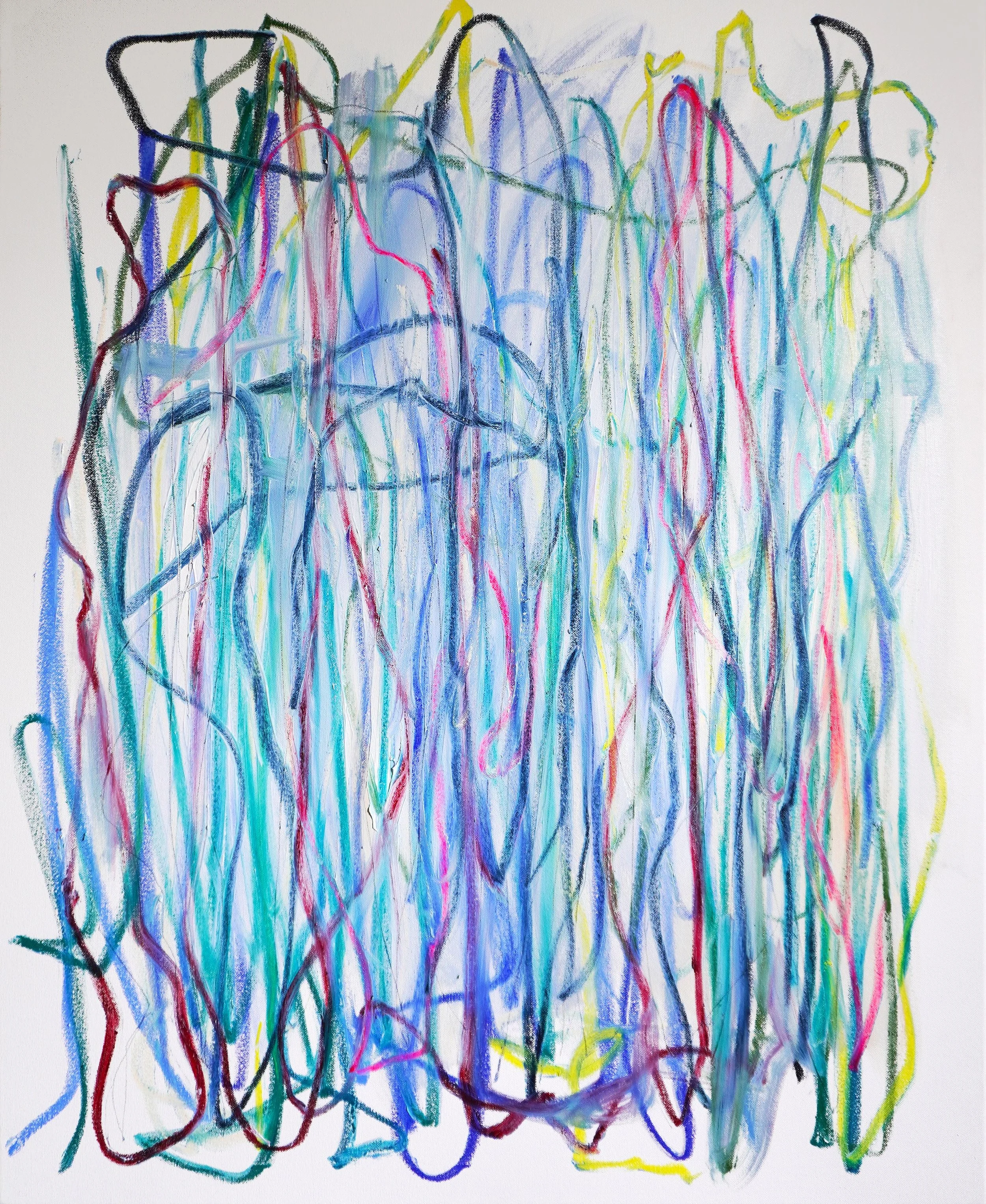 Where Lines Become Distance by Gedi Campbell, 100×80cm, large-scale oil paint and oil stick abstract painting on white gesso canvas from the Portals series. Features bold, sweeping directional gestures.