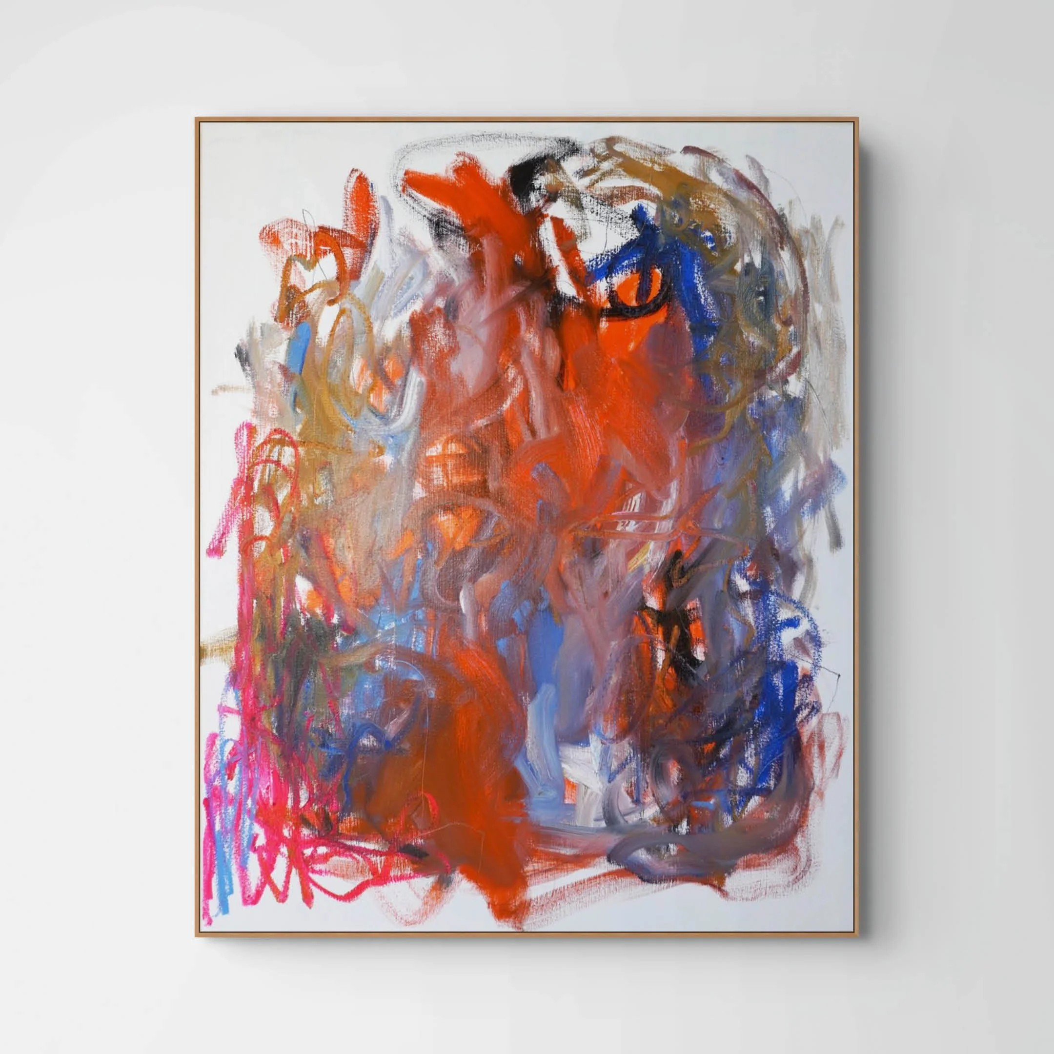 Bold abstract painting in oil paints and oil sticks showing, sweeping directional gestures dominated by orange, black and blue oil paint with pops of bright pink and pale blue coloured oil sticks and graphite lines.