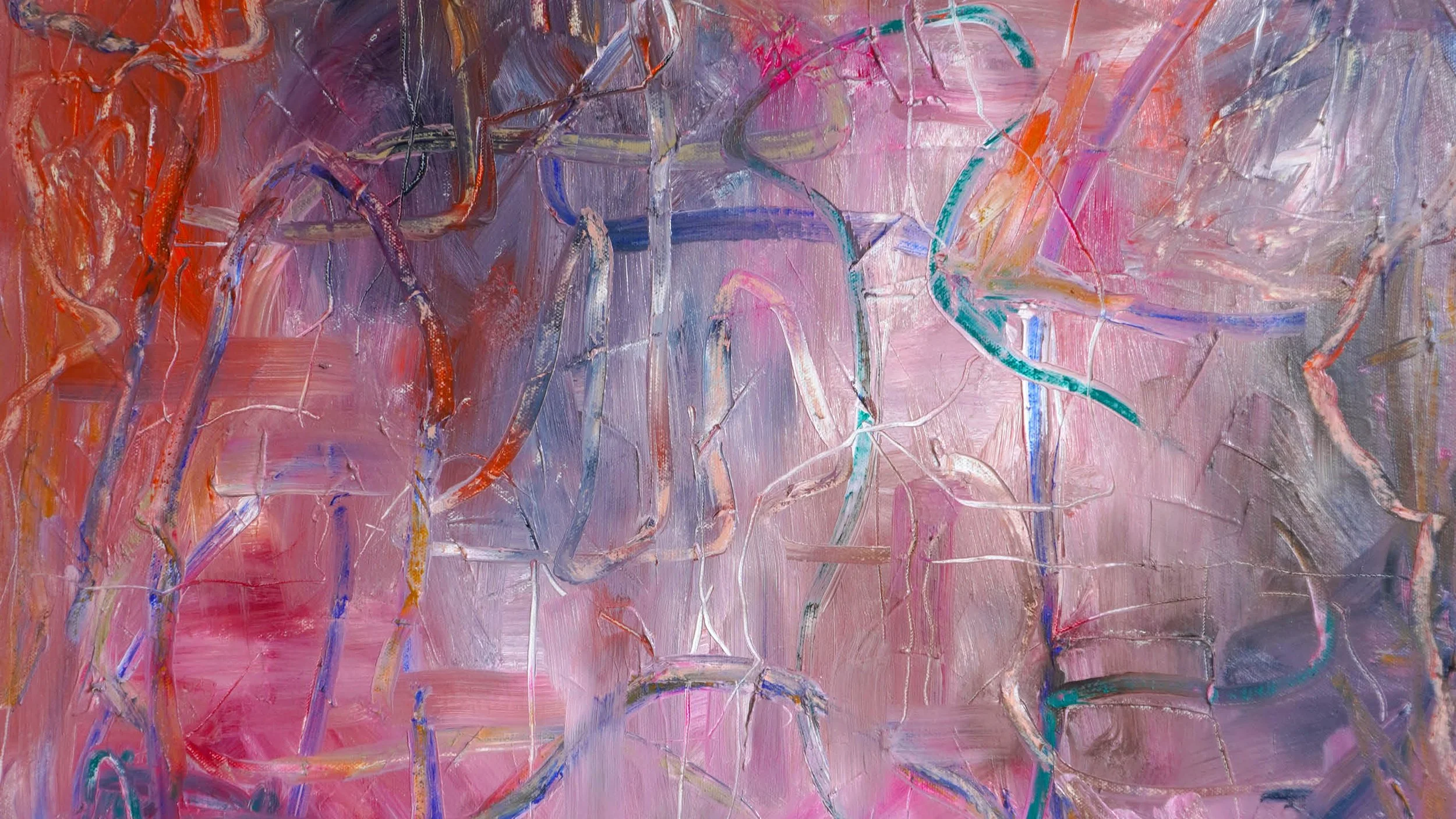 Abstract artwork with pink, purple, and orange hues, featuring textured brushstrokes and interconnected lines.