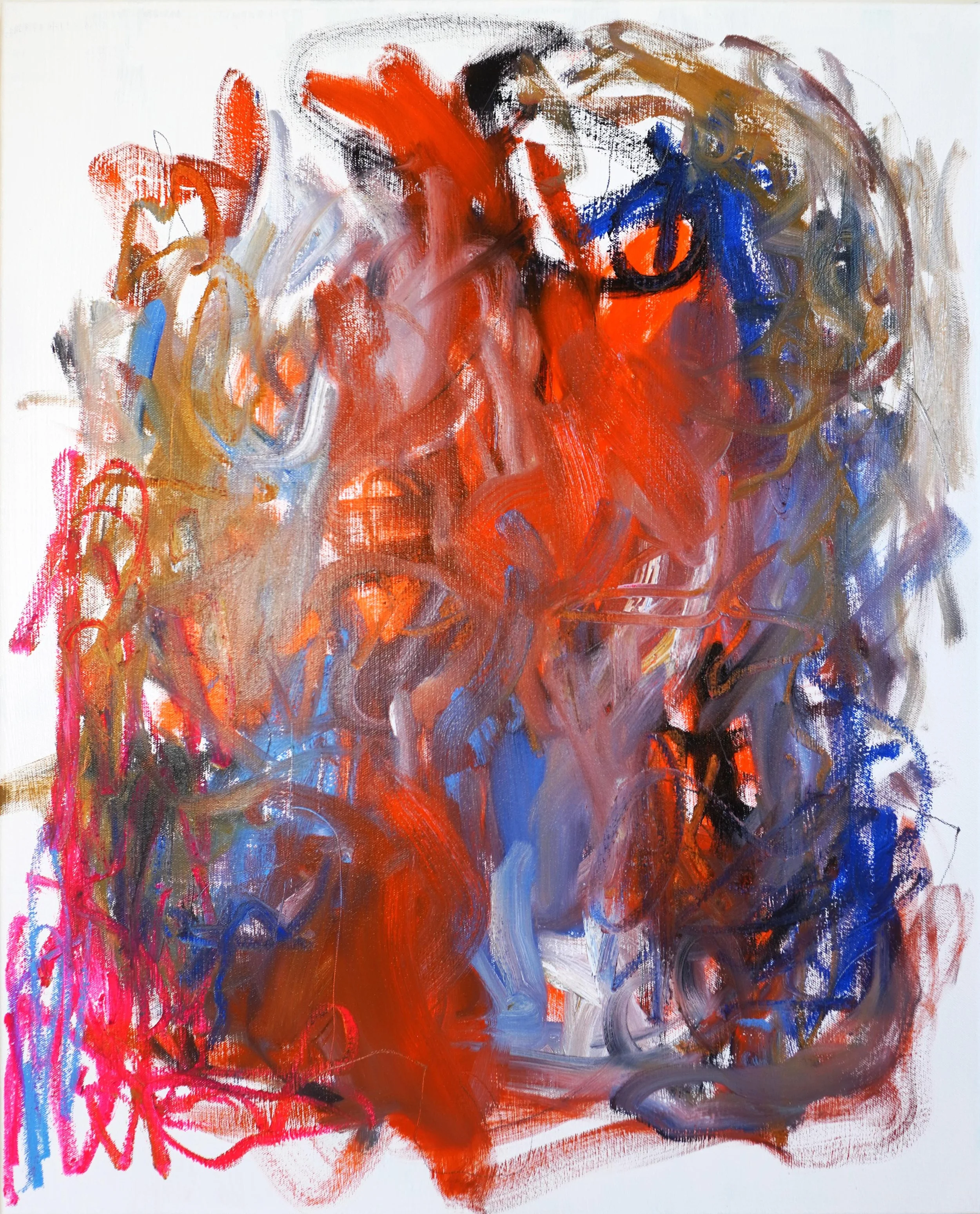 Bold abstract painting in oil paints and oil sticks showing, sweeping directional gestures dominated by orange, black and blue oil paint with pops of bright pink and pale blue coloured oil sticks and graphite lines.