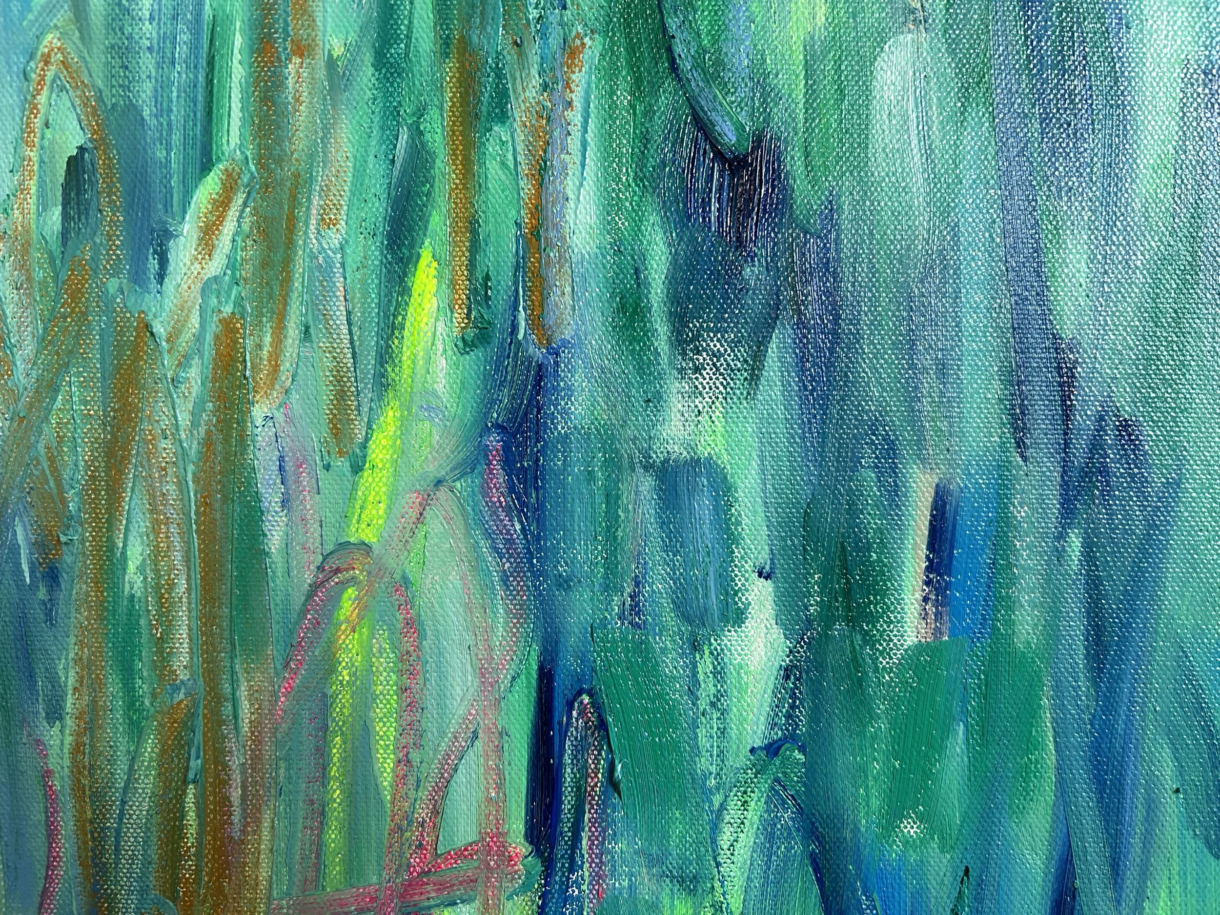Close up of large-scale oil paint and oil stick abstract painting. Features bold, sweeping directional gestures dominated by bright green, blue and dark green colours in oil paint with pops of fluorescent green and magenta coloured oil sticks.