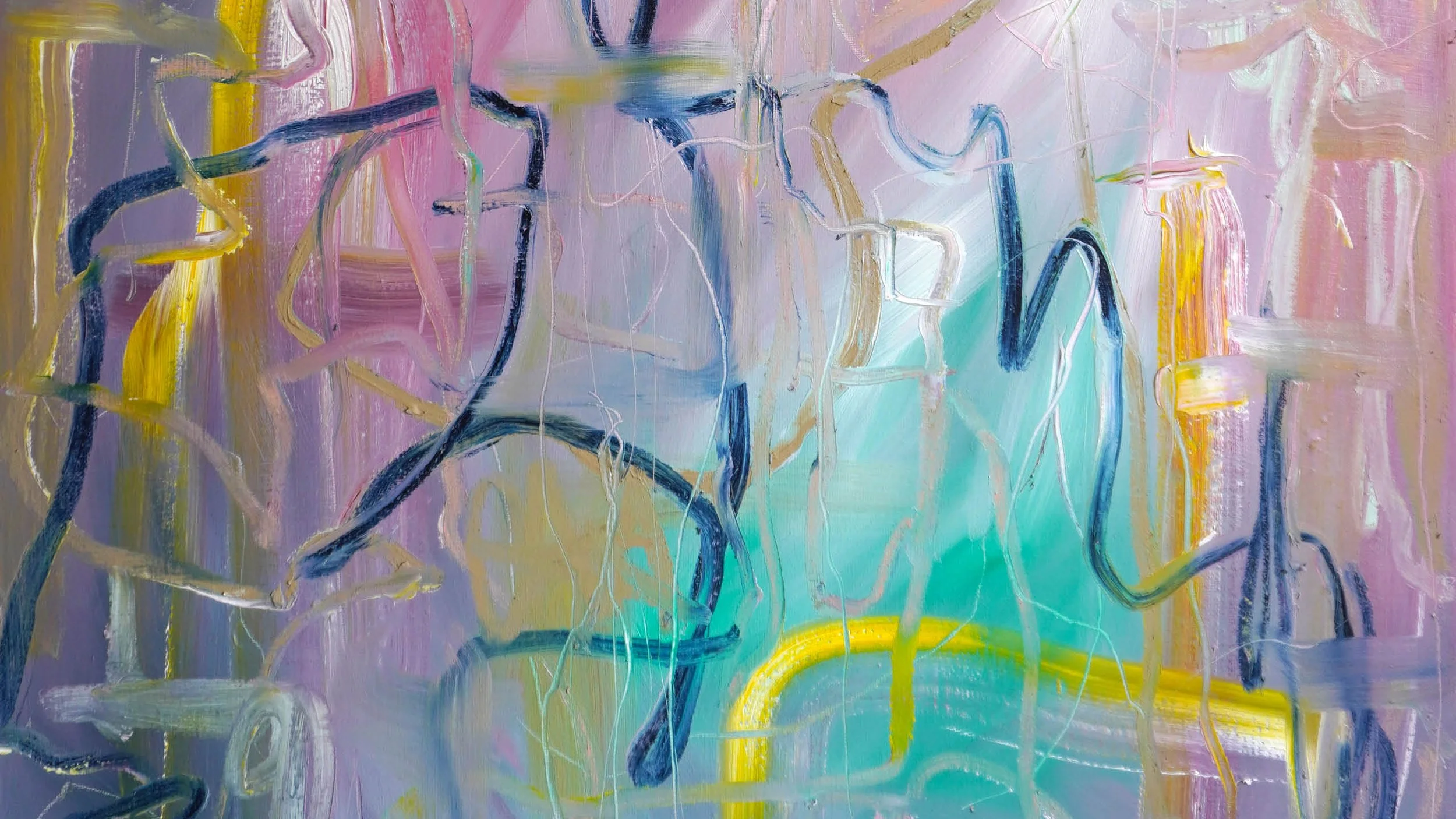 Abstract painting with pastel pink, purple, yellow, blue, white, and green brushstrokes and lines.