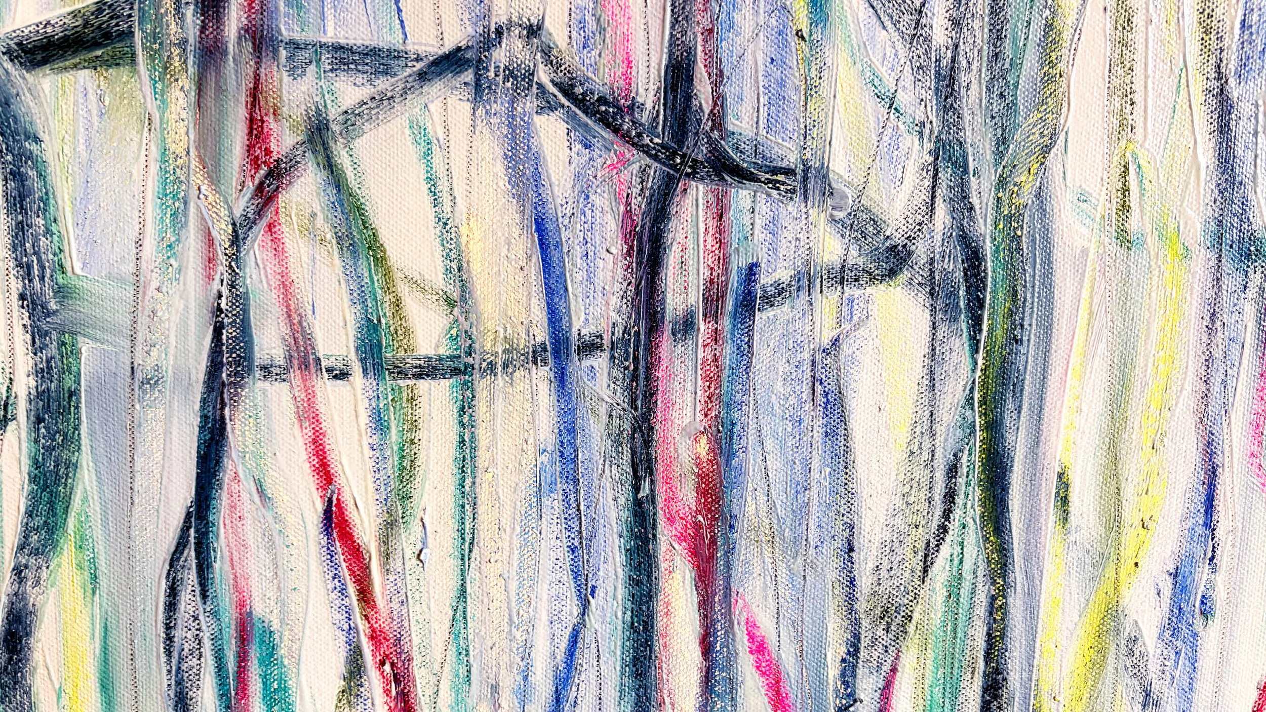 Close up of Where Lines Become Distance by Gedi Campbell, 100×80cm, large-scale oil paint and oil stick abstract painting on white gesso canvas from the Portals series. Features bold, sweeping directional gestures.