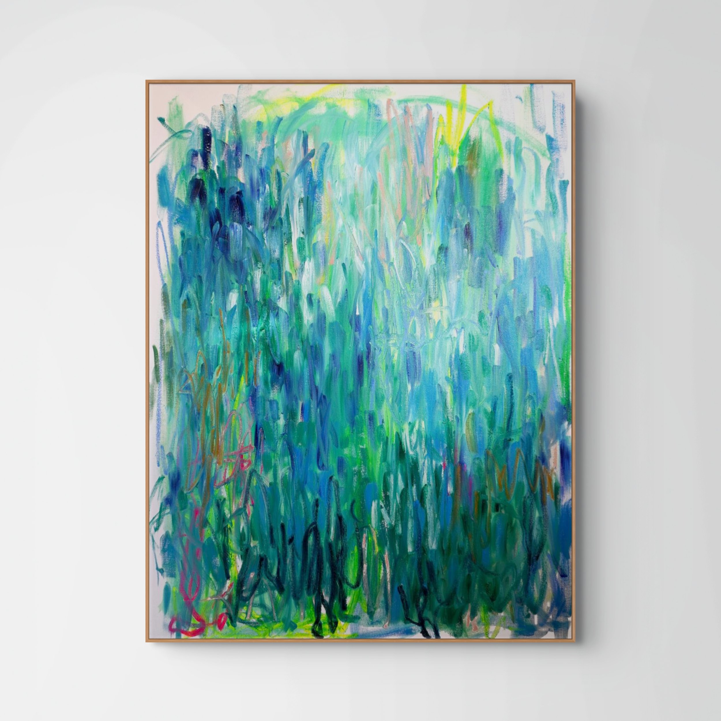 Large-scale oil paint and oil stick abstract painting. Features bold, sweeping directional gestures dominated by bright green, blue and dark green colours in oil paint with pops of fluorescent green and magenta coloured oil sticks.