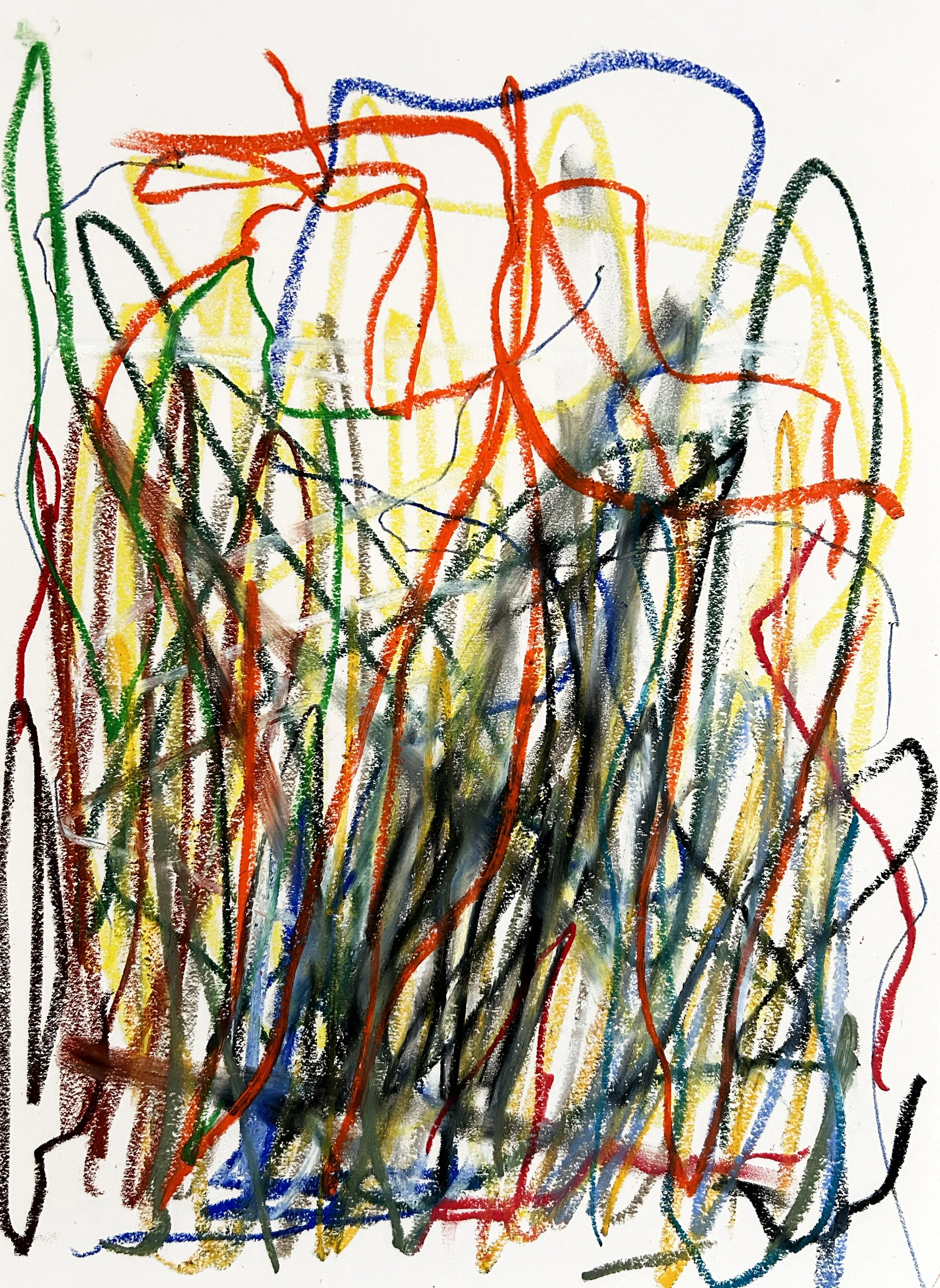 Abstract A3 sketch on paper in oil pastels by Gedi Campbell. Sweeping vertical lines in orange, blue, black, green and yellow.