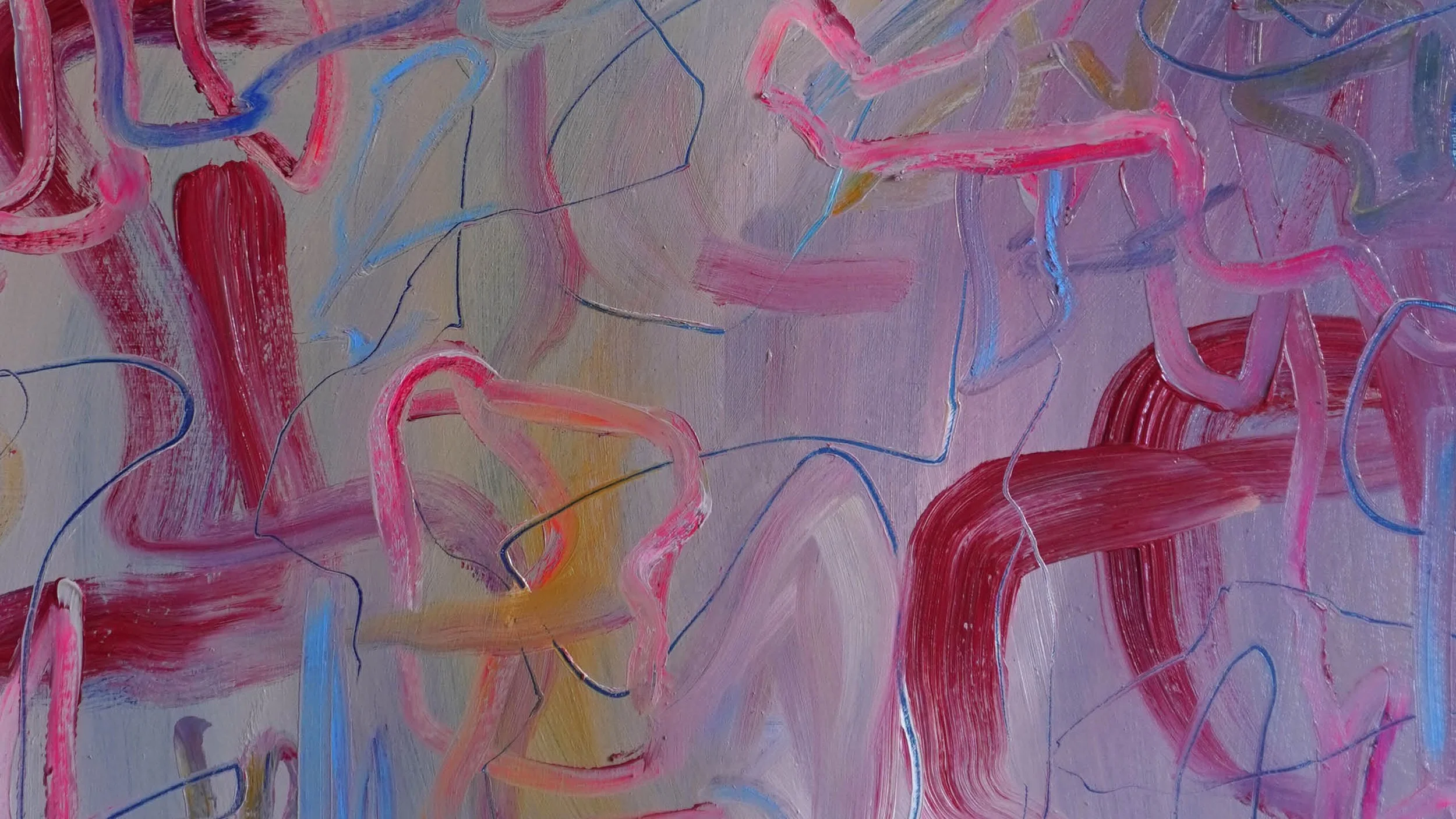 Abstract painting with intertwined pink, red, blue, and yellow painted lines on a muted lavender background.