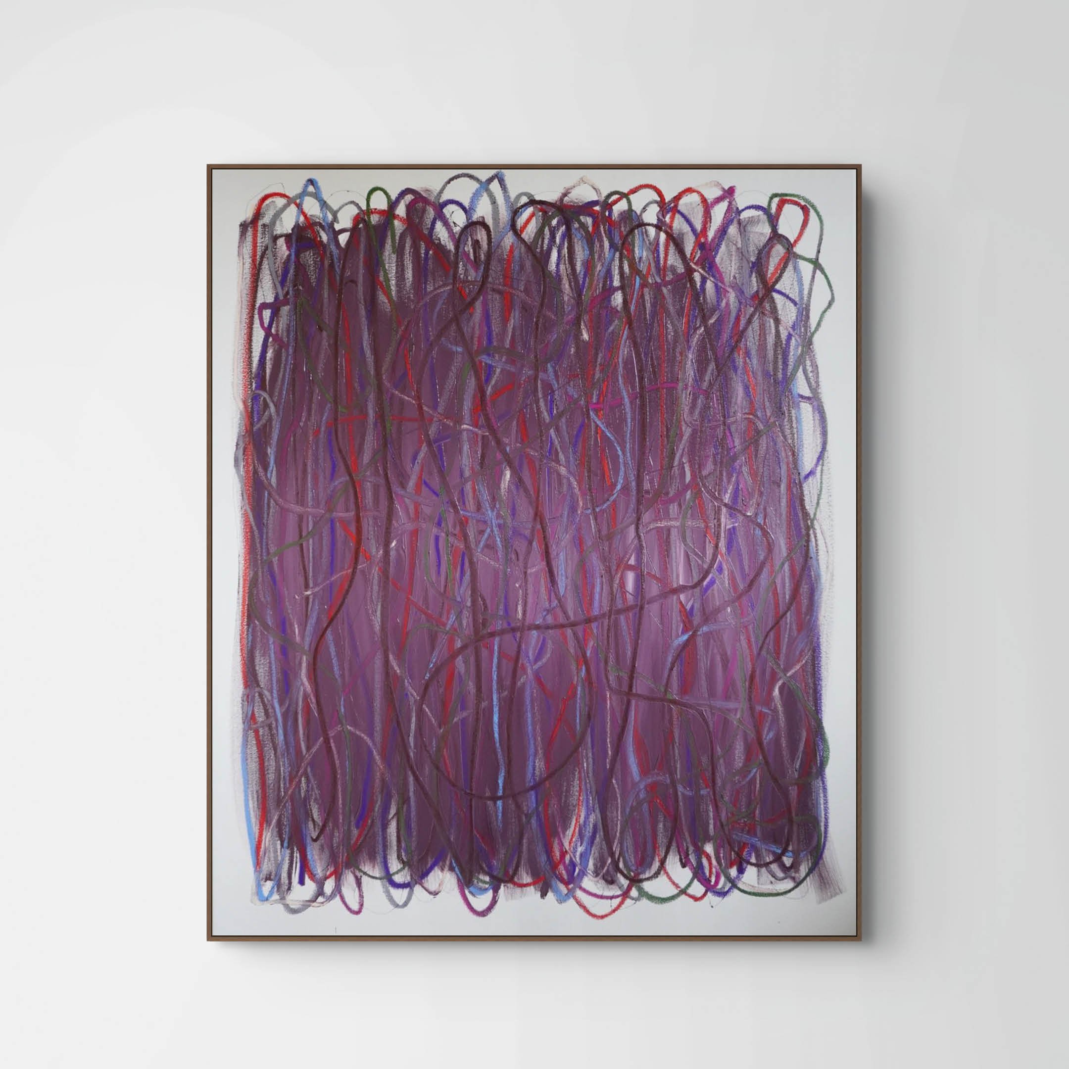 Echoes in the Fibre by Gedi Campbell, 120×100cm, oil paint and oil stick abstract painting in burgundy colours.
