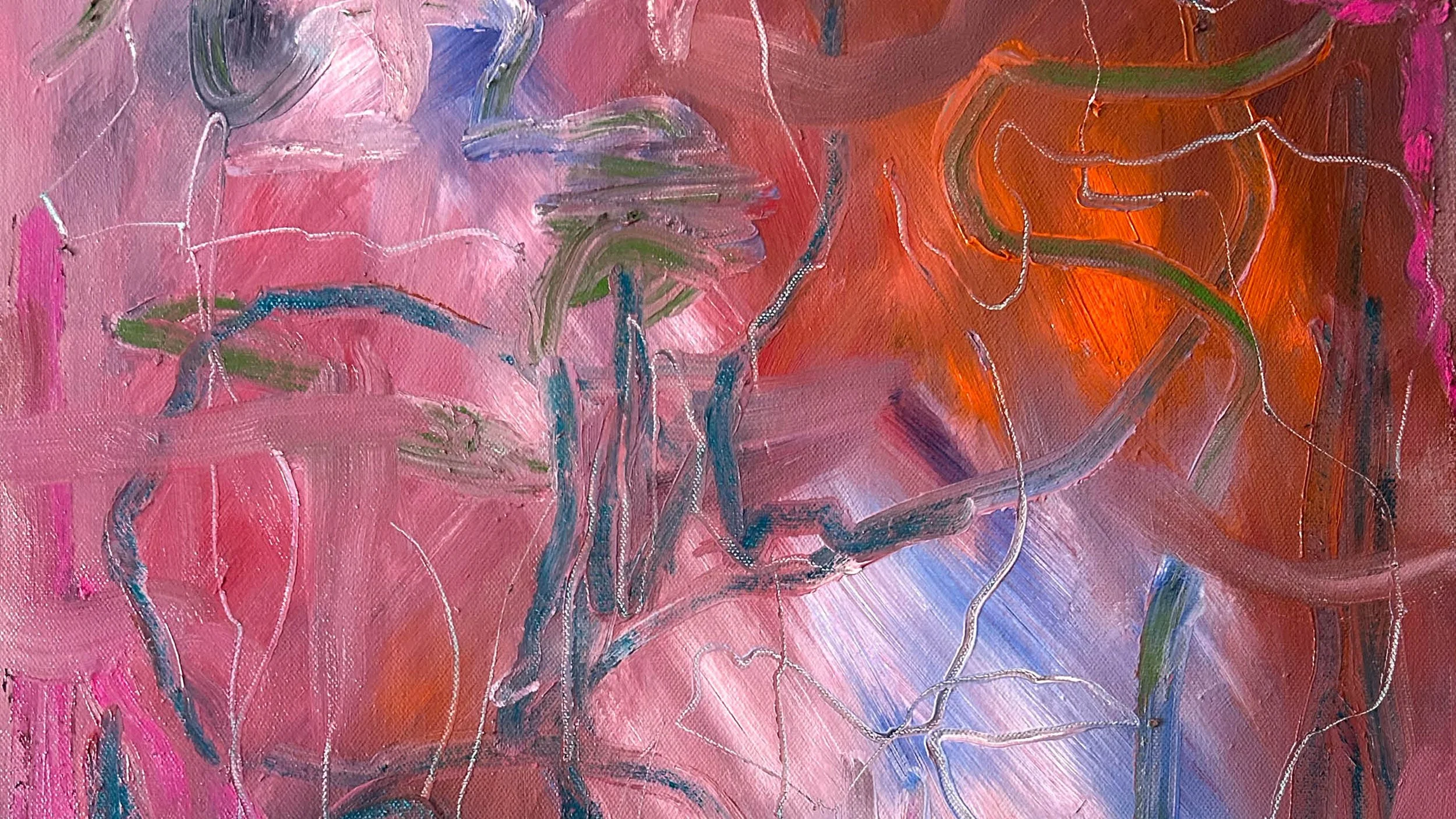 An abstract painting with a textured pink background, green and gray lines, and orange, purple, and blue accents, with white and darker line details.