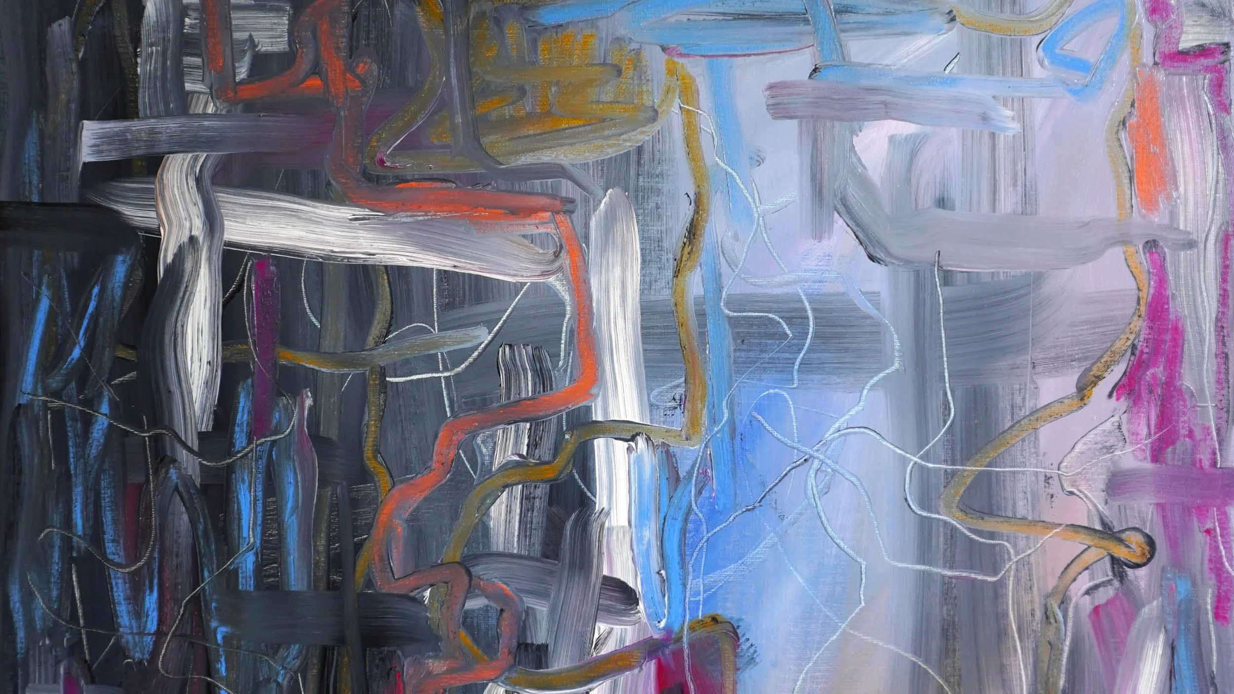 Abstract painting with bold, colorful brushstrokes. Swirling lines and patches of black, white, gray, blue, orange, pink, and yellow create a dynamic composition.