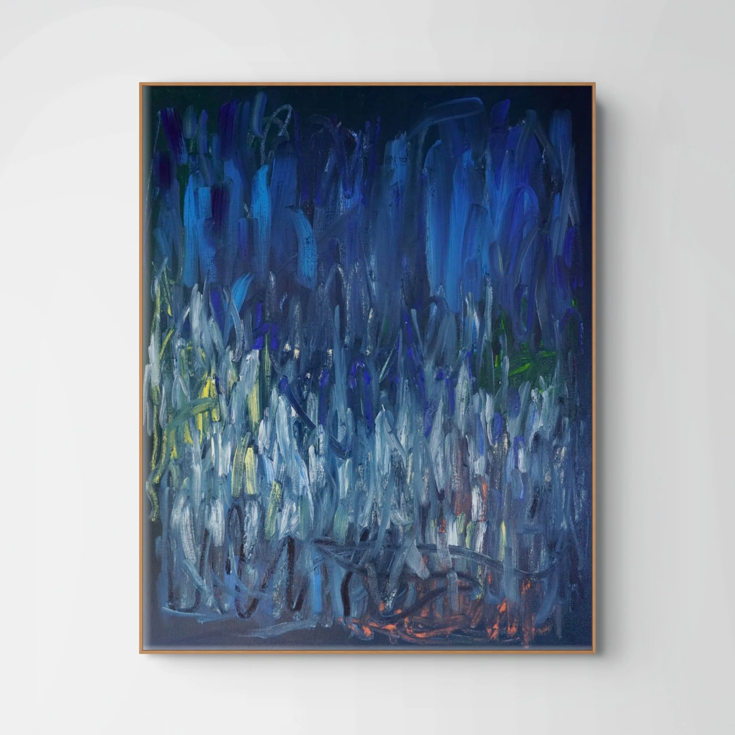 Oil paint and oil stick abstract painting. Features bold, sweeping directional gestures dominated by dark blue, whites and blue colours in oil paint with pops of lemon yellow and orange coloured oil sticks.