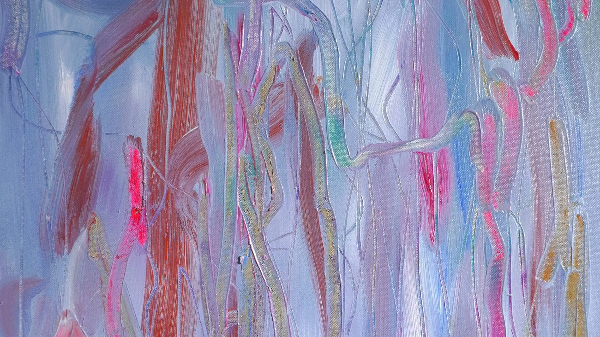 Abstract painting with pastel colors, brushstrokes, and drips of pink, orange, purple, blue, and yellow.