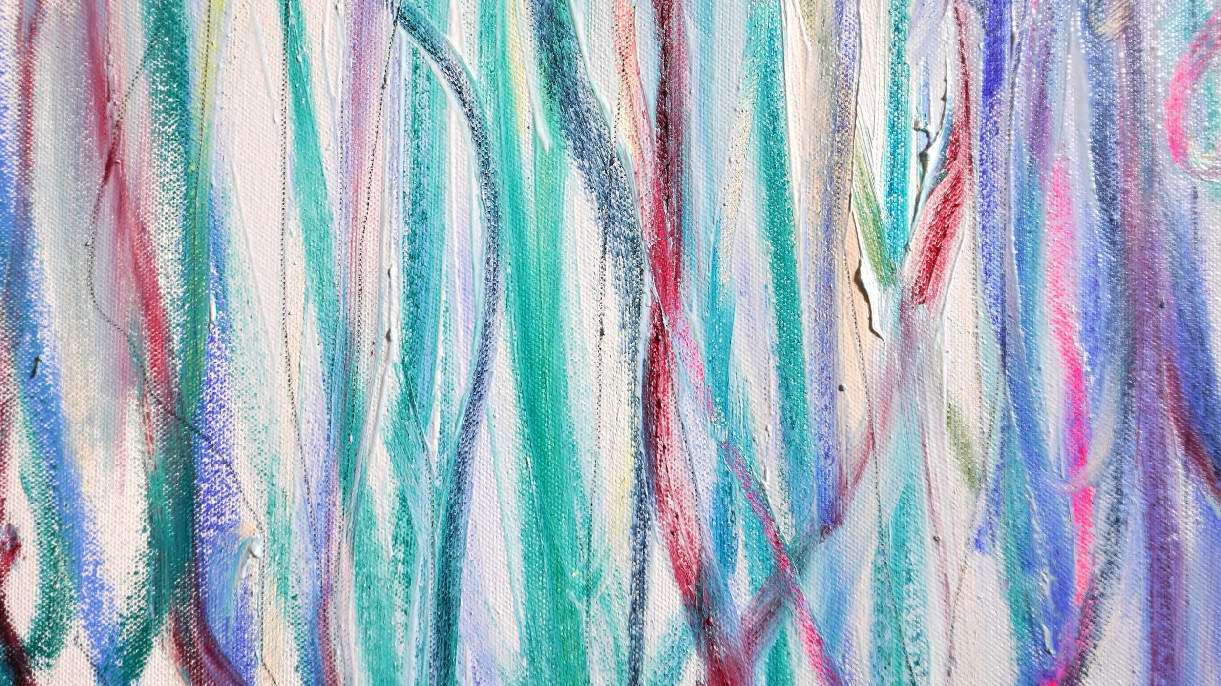 Close-up of an abstract painting with vertical streaks of light blue, teal, white, pink, red, purple, and black paint on a textured canvas.
