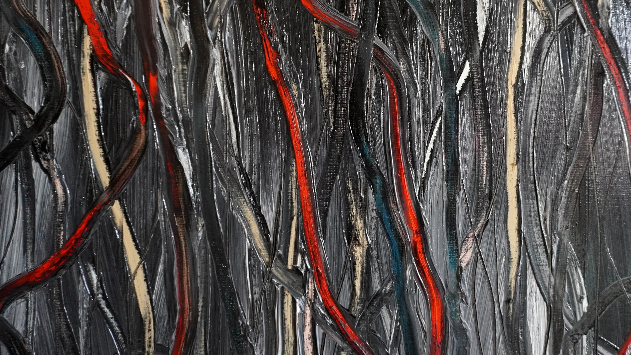 Abstract painting features bold, sweeping directional gestures dominated by a black background in oil paint with red and grey coloured oil sticks flowing lines on top and graphite lines.