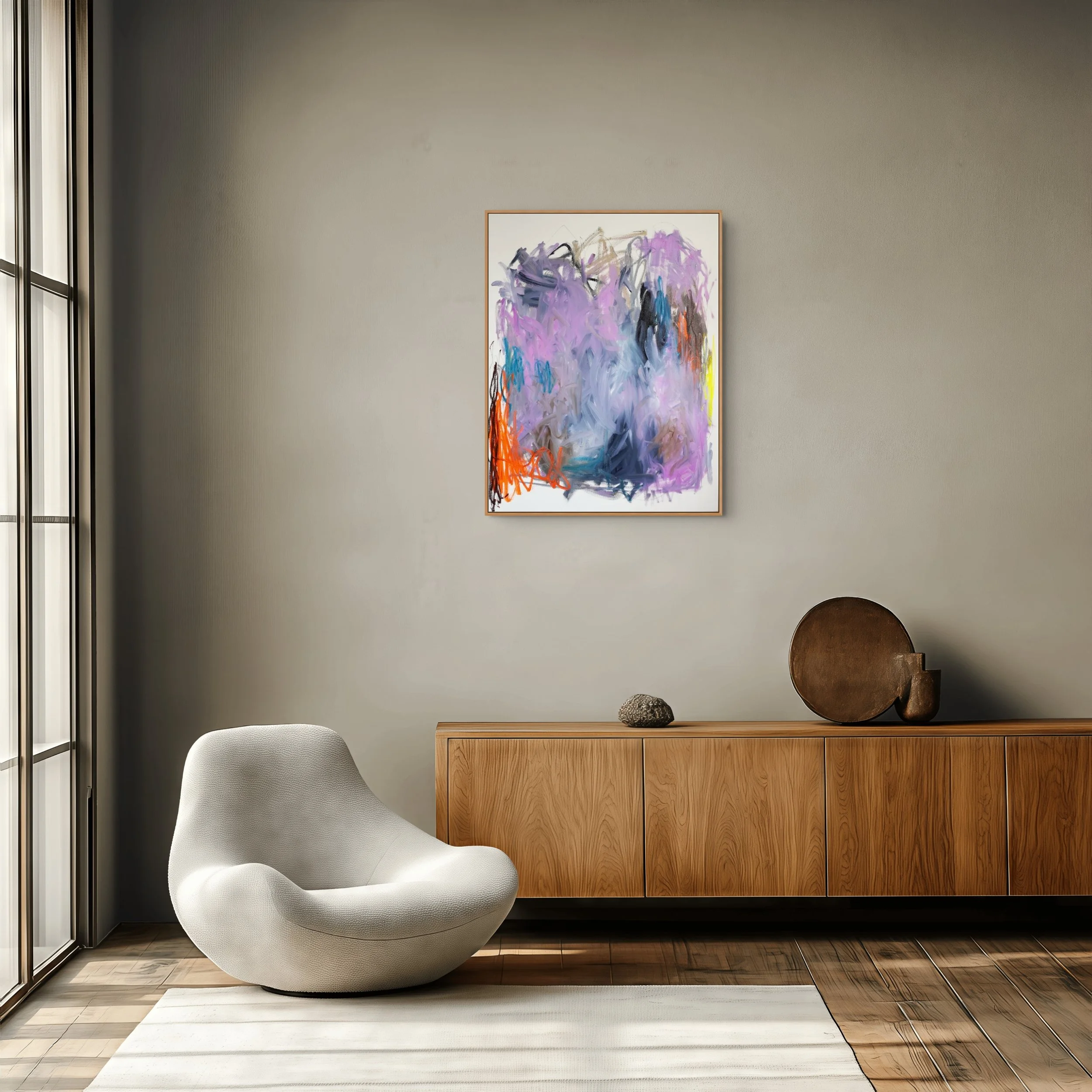 Room view of large-scale oil paint and oil stick abstract painting. Features bold, sweeping directional gestures dominated by lilac, dark green and brown colours in oil paint with pops of fluorescent orange oil sticks and graphite lines.