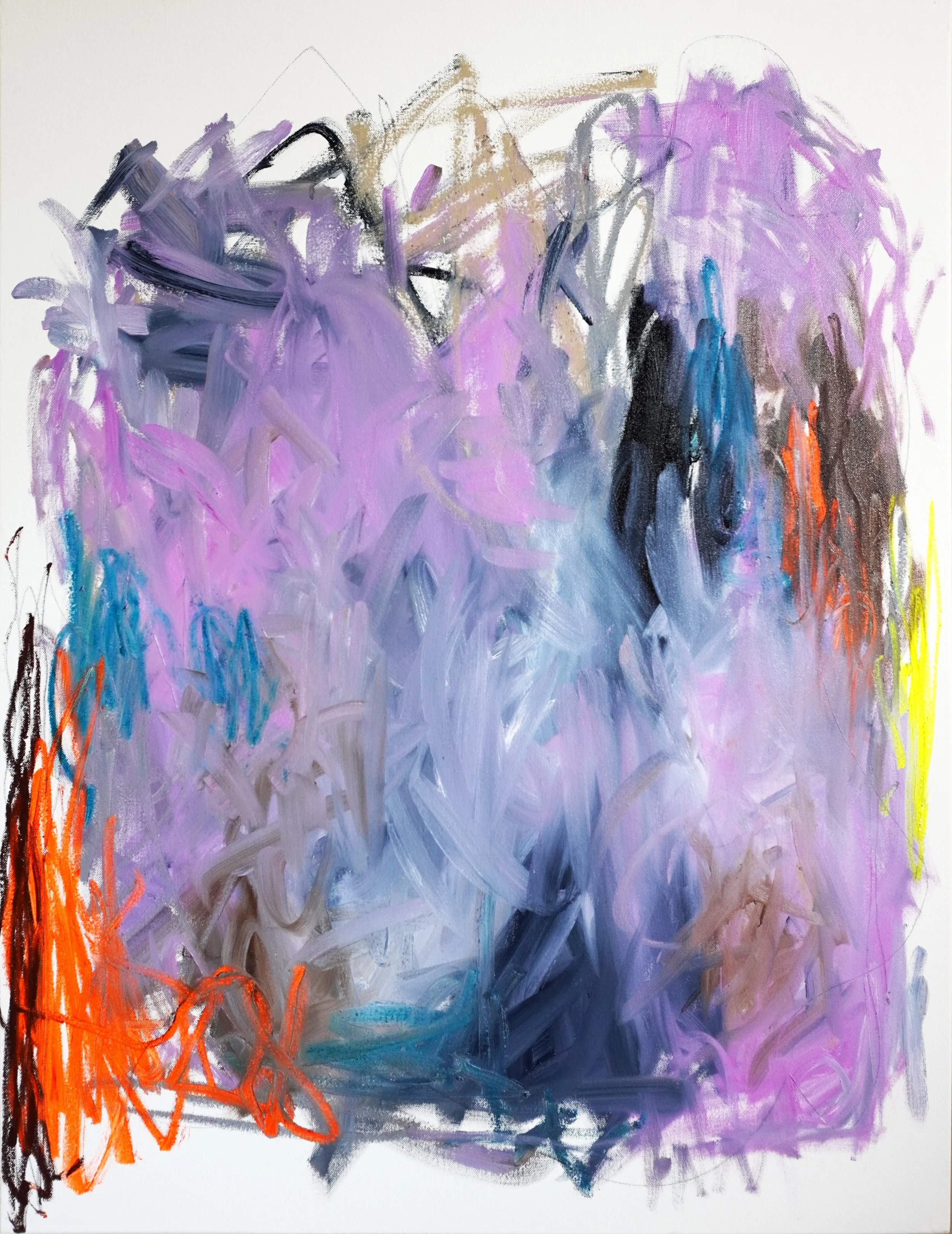 Large-scale oil paint and oil stick abstract painting. Features bold, sweeping directional gestures dominated by lilac, dark green and brown colours in oil paint with pops of fluorescent orange oil sticks and graphite lines.