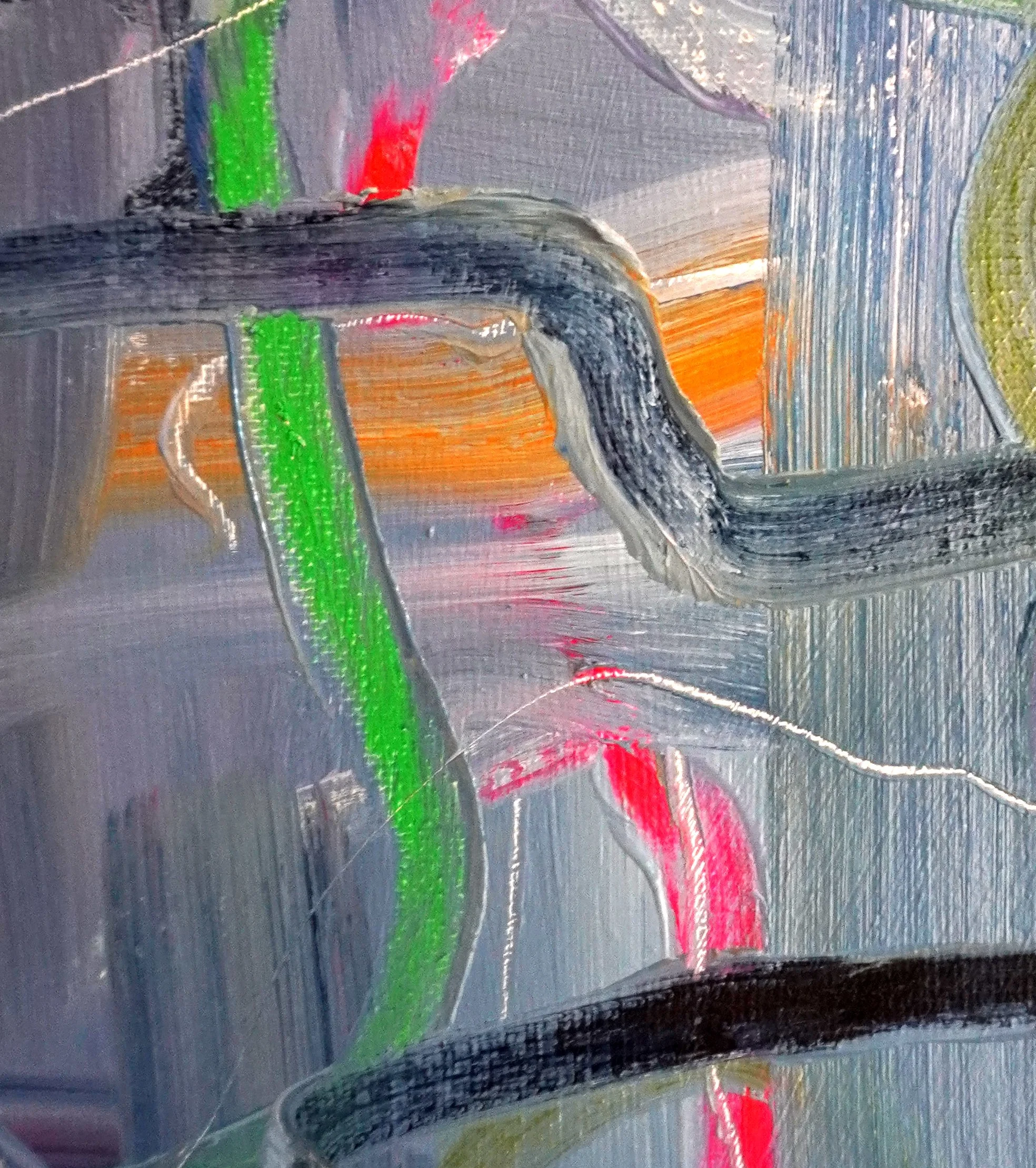 Close up of Unburdened Current by Gedi Campbell, 60x60cm, abstract painting in oil paint and oil stick on canvas from the Unbound series. Features scraped palette knife marks and fluid gestures.