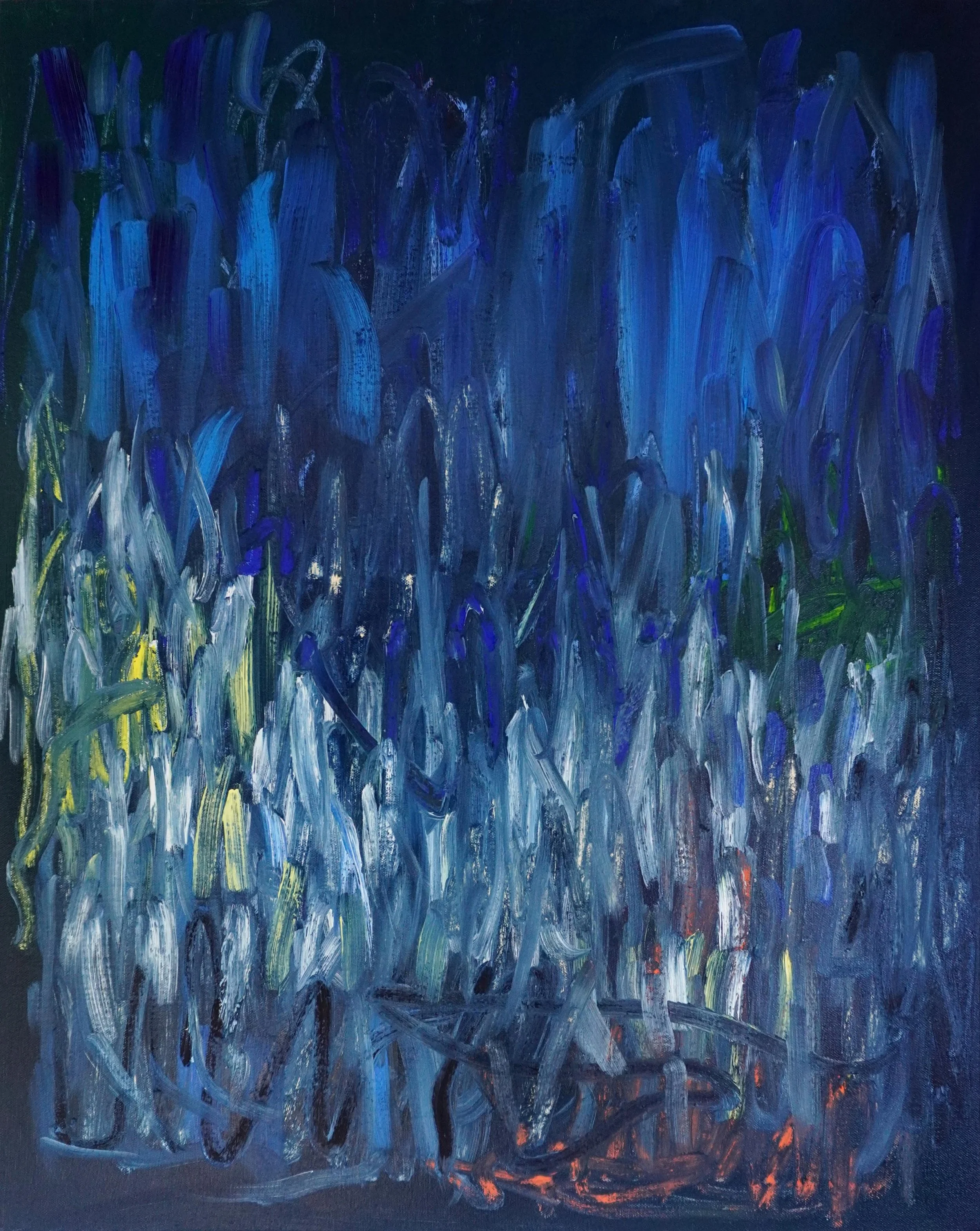 Oil paint and oil stick abstract painting. Features bold, sweeping directional gestures dominated by dark blue, whites and blue colours in oil paint with pops of lemon yellow and orange coloured oil sticks.
